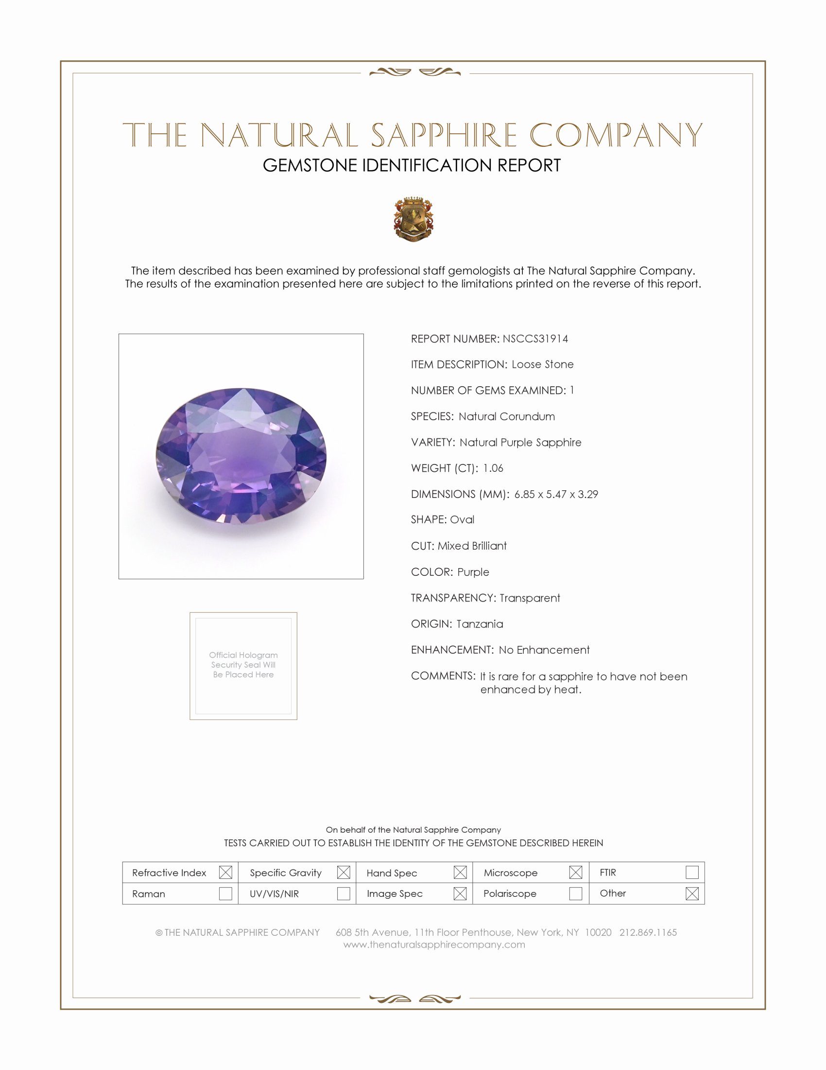 1.06 Ct. Purple Sapphire from Tanzania