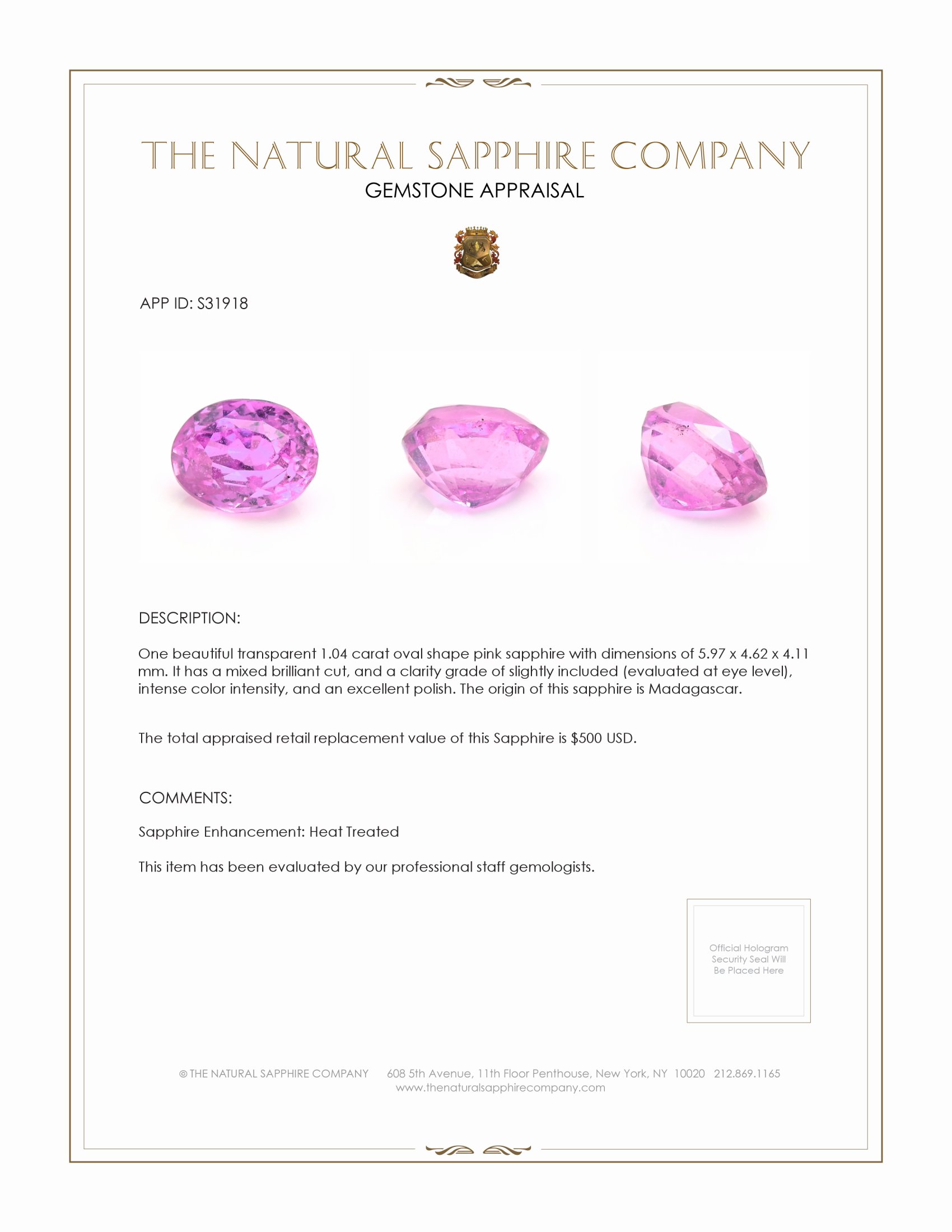 1.04 Ct. Pink Sapphire from Madagascar