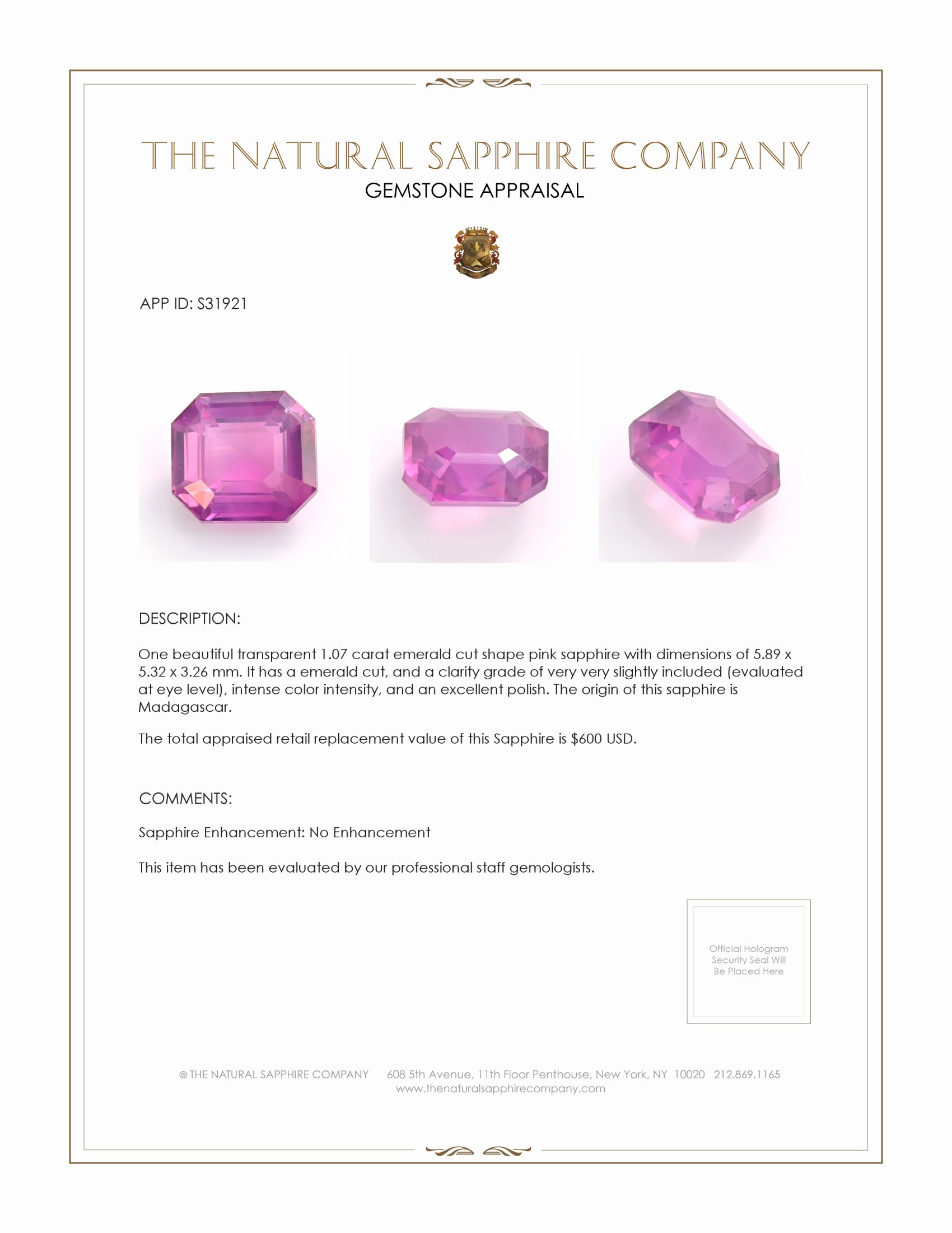 1.07 Ct. Pink Sapphire from Madagascar