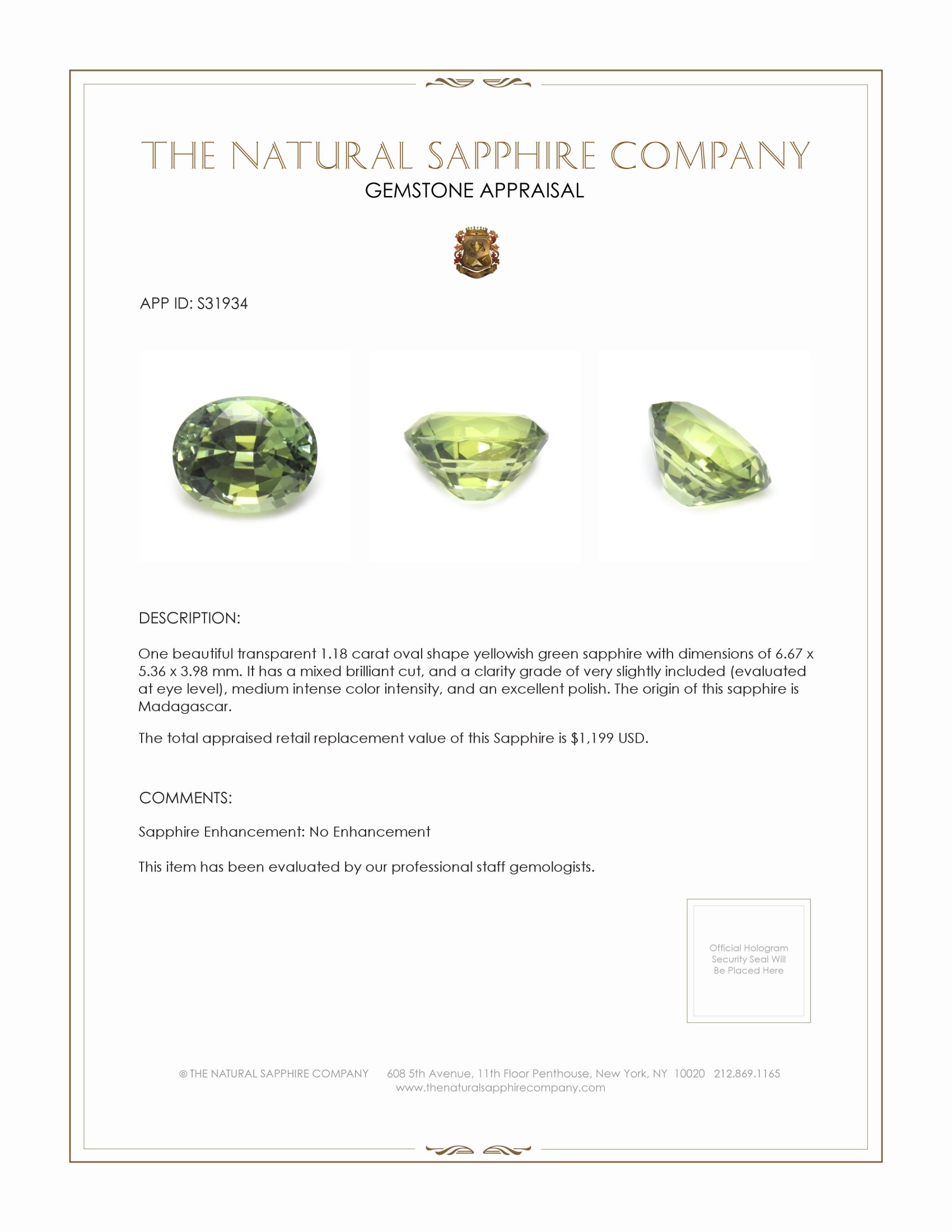 1.18 Ct. Yellowish Green Sapphire from Madagascar