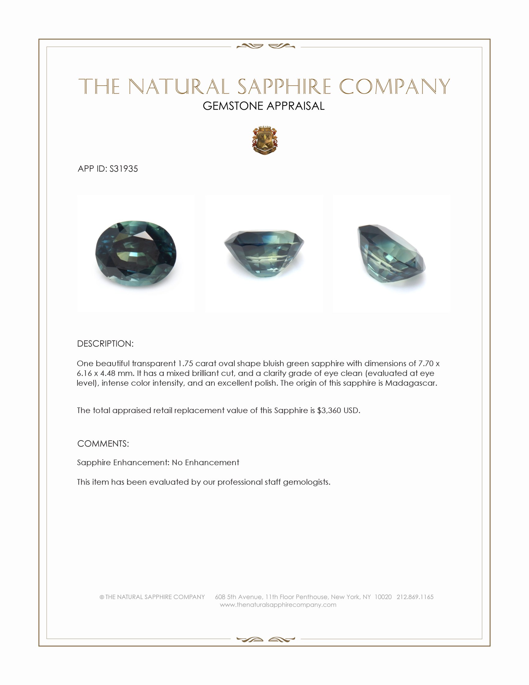 1.75 Ct. Bluish Green Sapphire from Madagascar