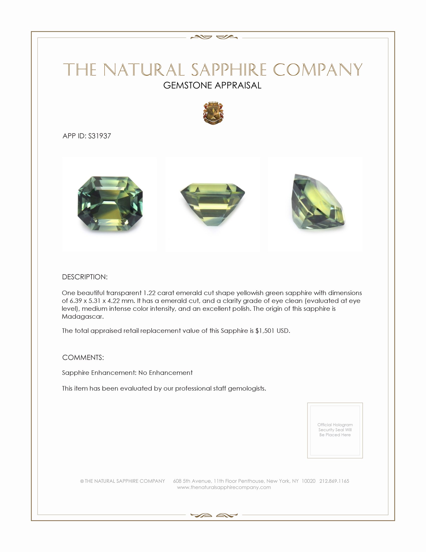 1.22 Ct. Yellowish Green Sapphire from Madagascar