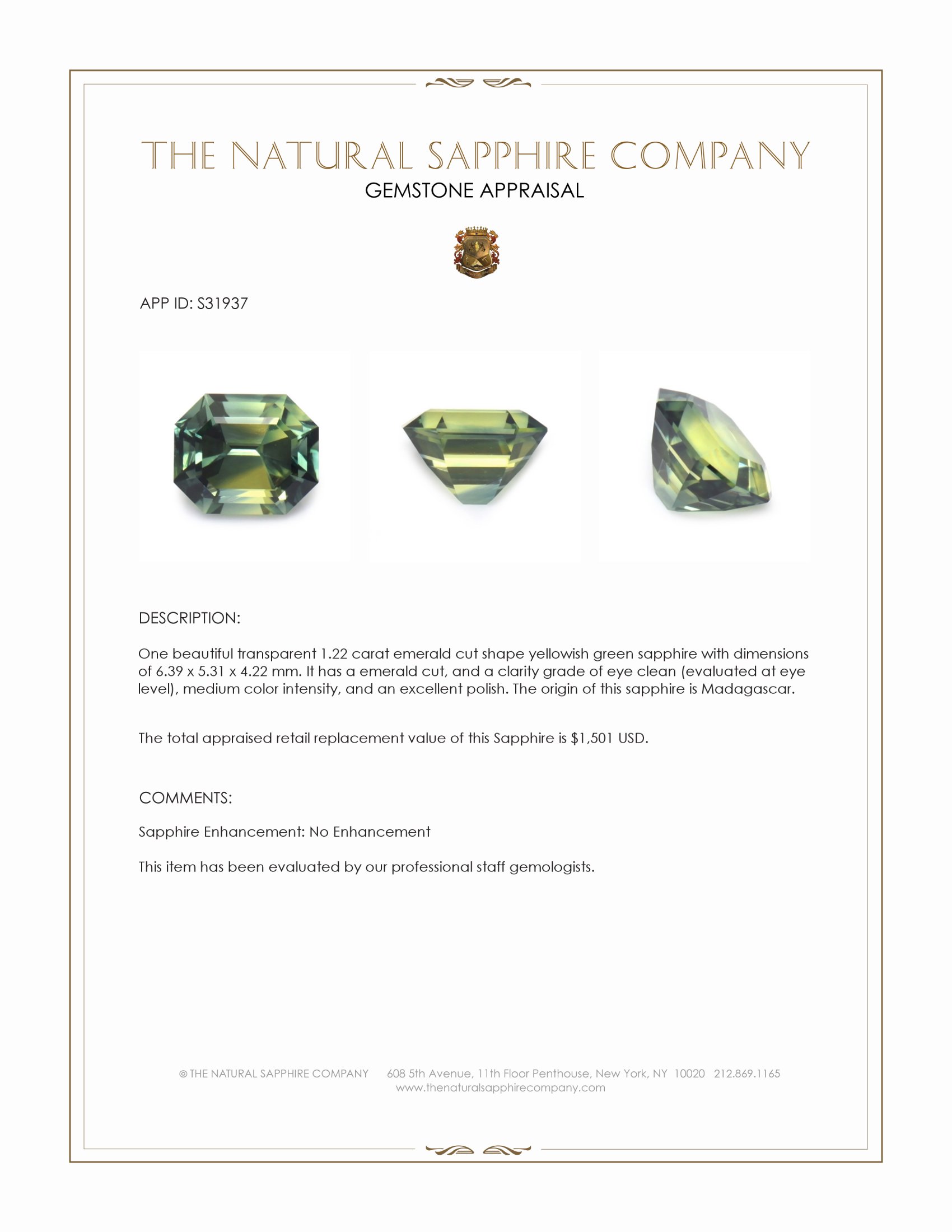 1.22 Ct. Yellowish Green Sapphire from Madagascar