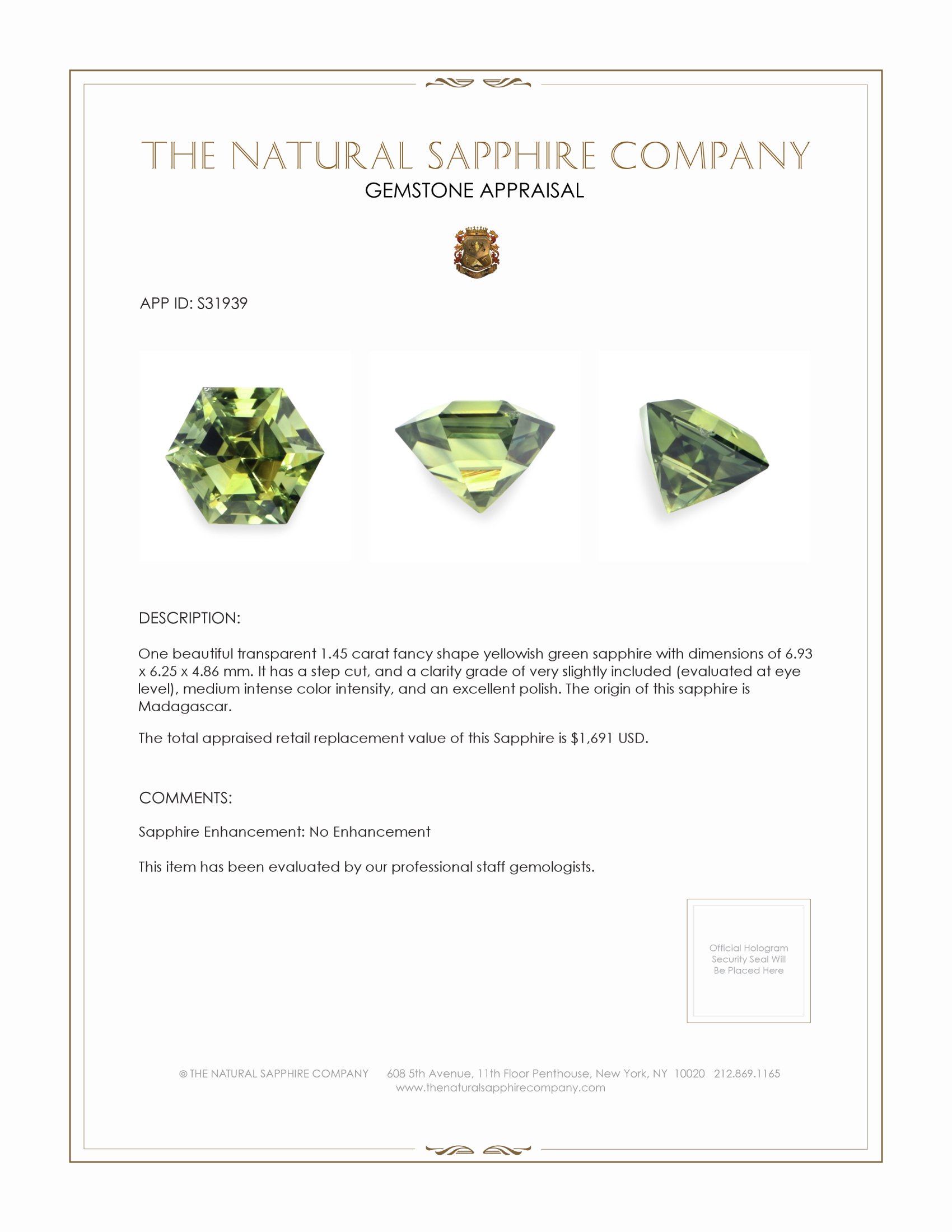 1.45 Ct. Yellowish Green Sapphire from Madagascar