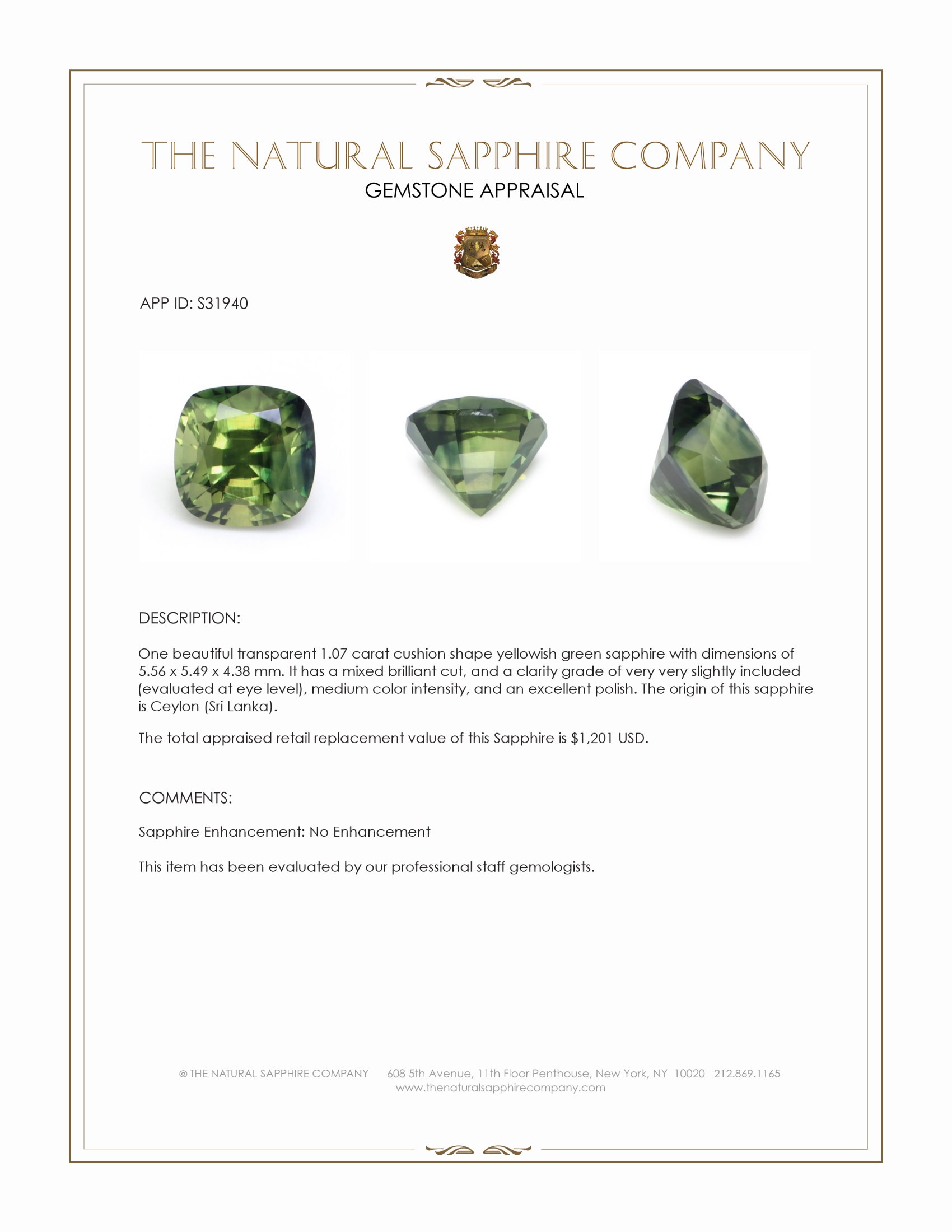 1.07 Ct. Yellowish Green Sapphire from Ceylon (Sri Lanka)
