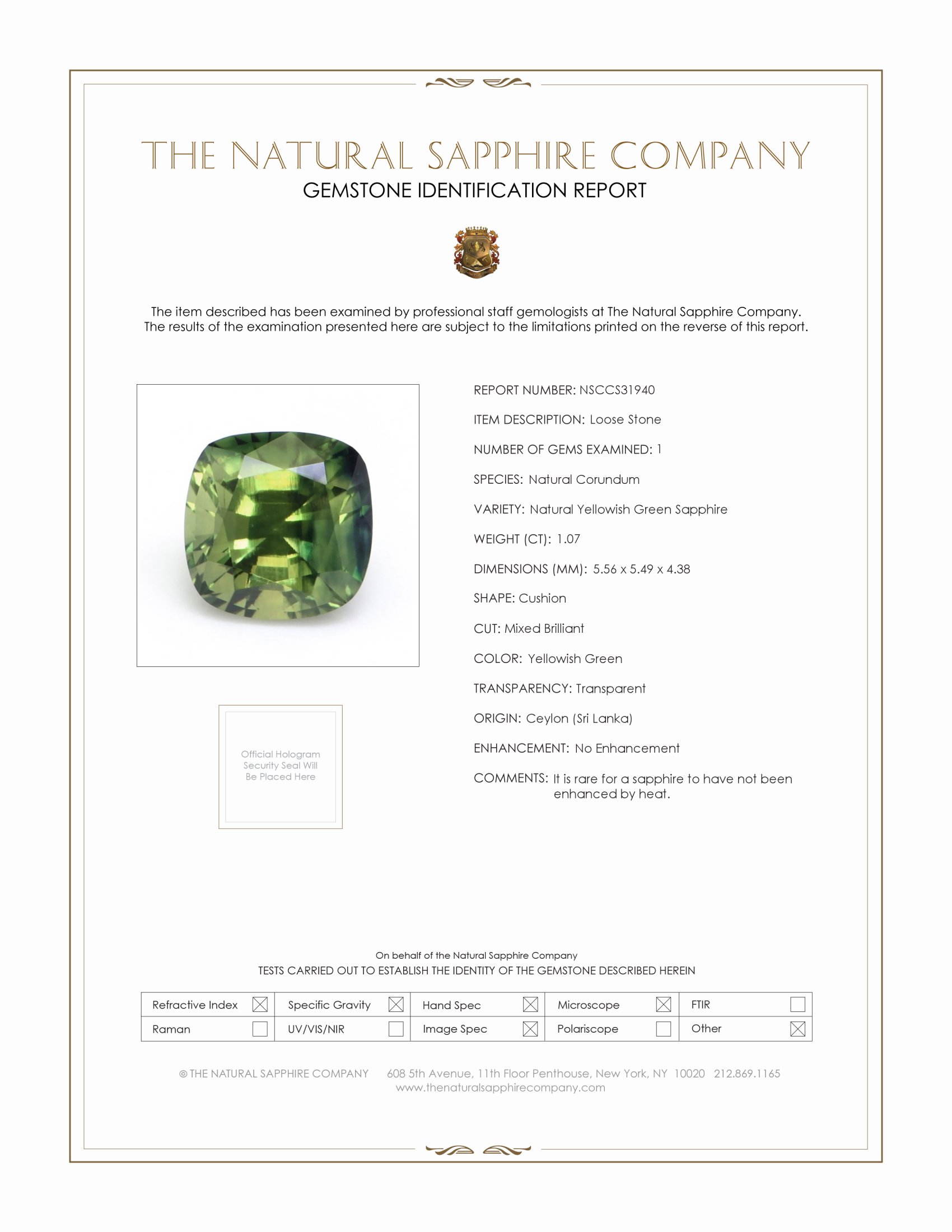 1.07 Ct. Yellowish Green Sapphire from Ceylon (Sri Lanka)