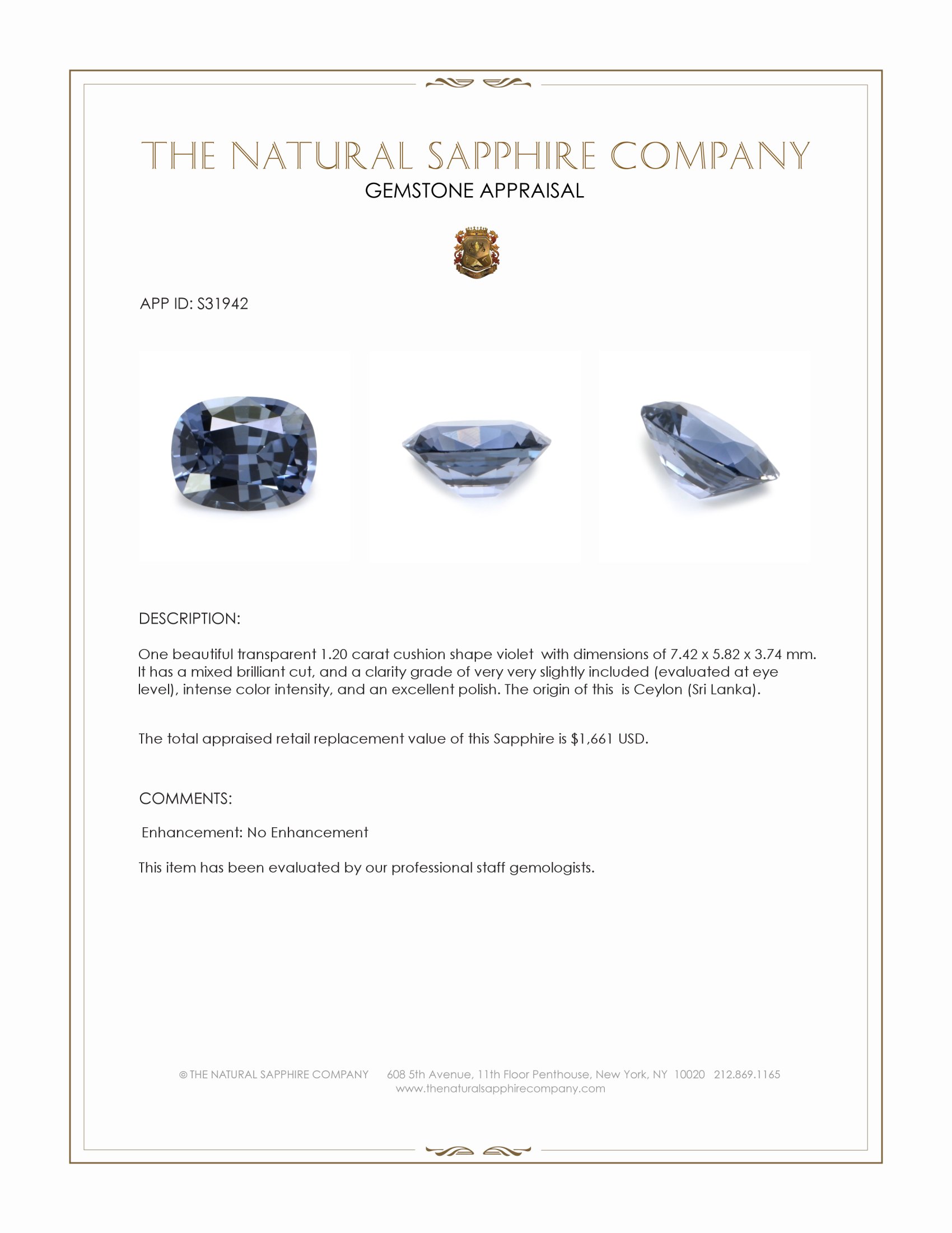 1.20 Ct. Violet Sapphire from Ceylon (Sri Lanka)