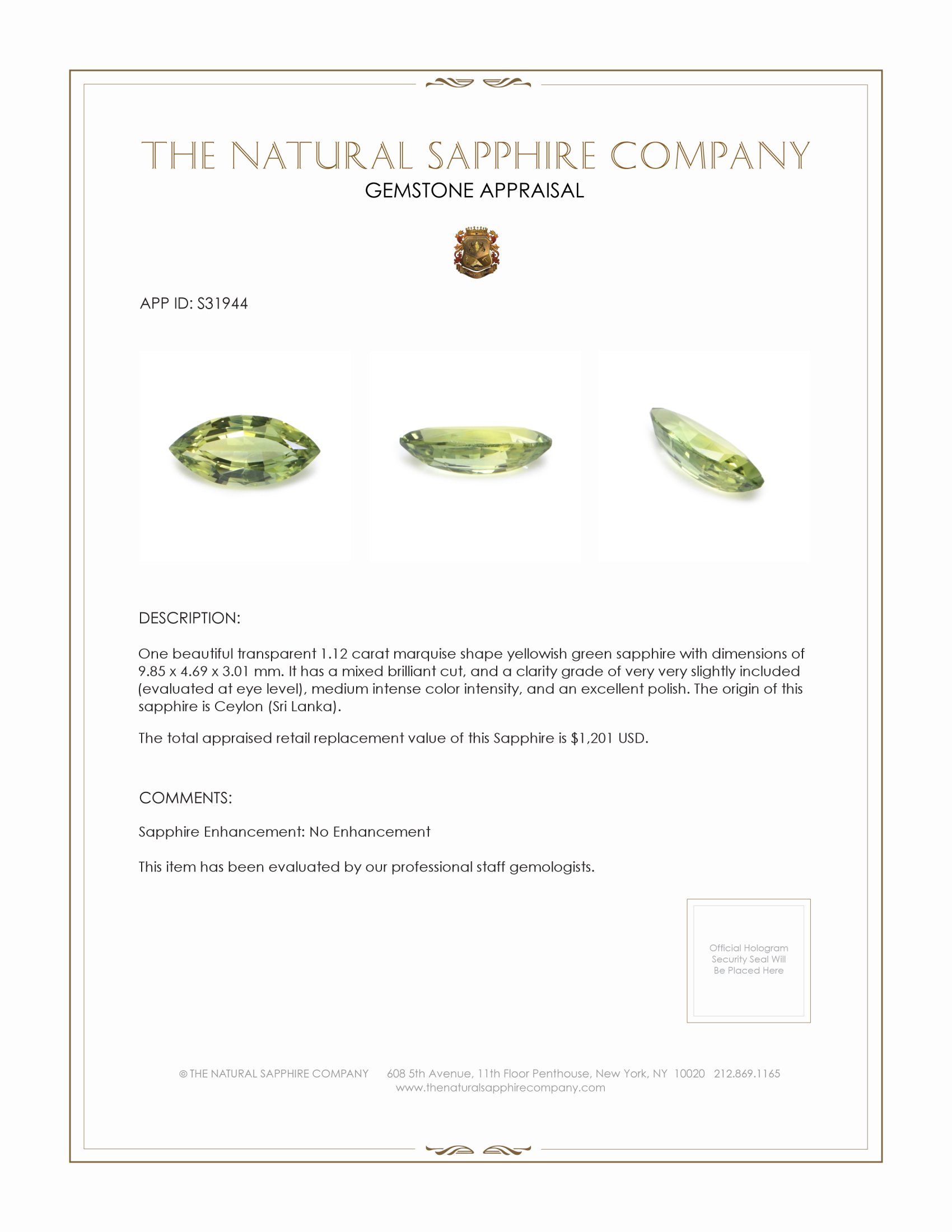 1.12 Ct. Yellowish Green Sapphire from Ceylon (Sri Lanka)