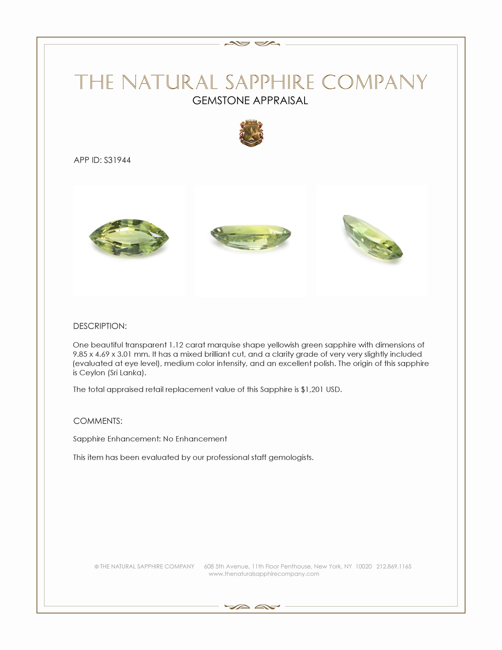 1.12 Ct. Yellowish Green Sapphire from Ceylon (Sri Lanka)