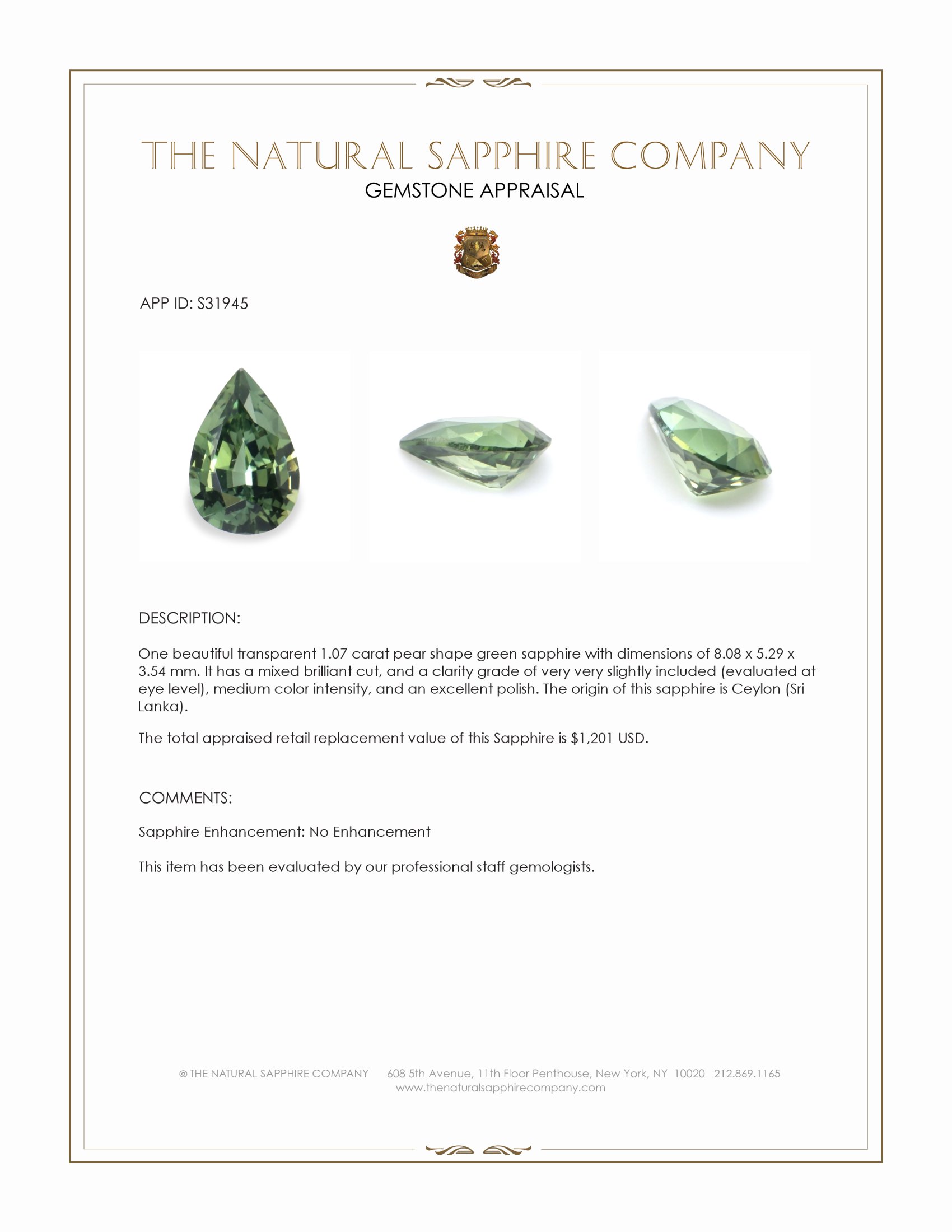 1.07 Ct. Green Sapphire from Ceylon (Sri Lanka)