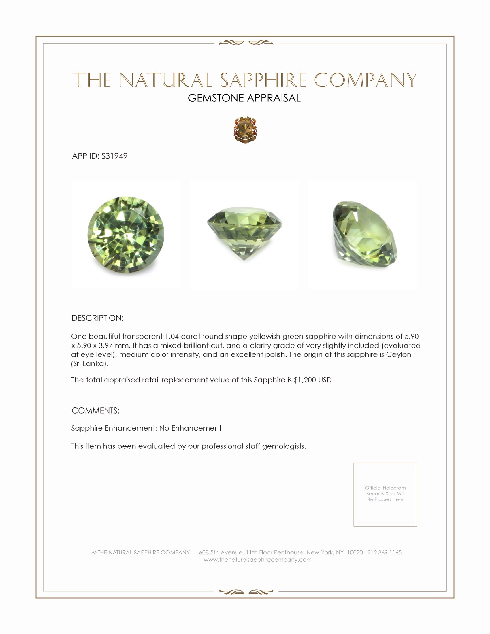 1.04 Ct. Yellowish Green Sapphire from Ceylon (Sri Lanka)