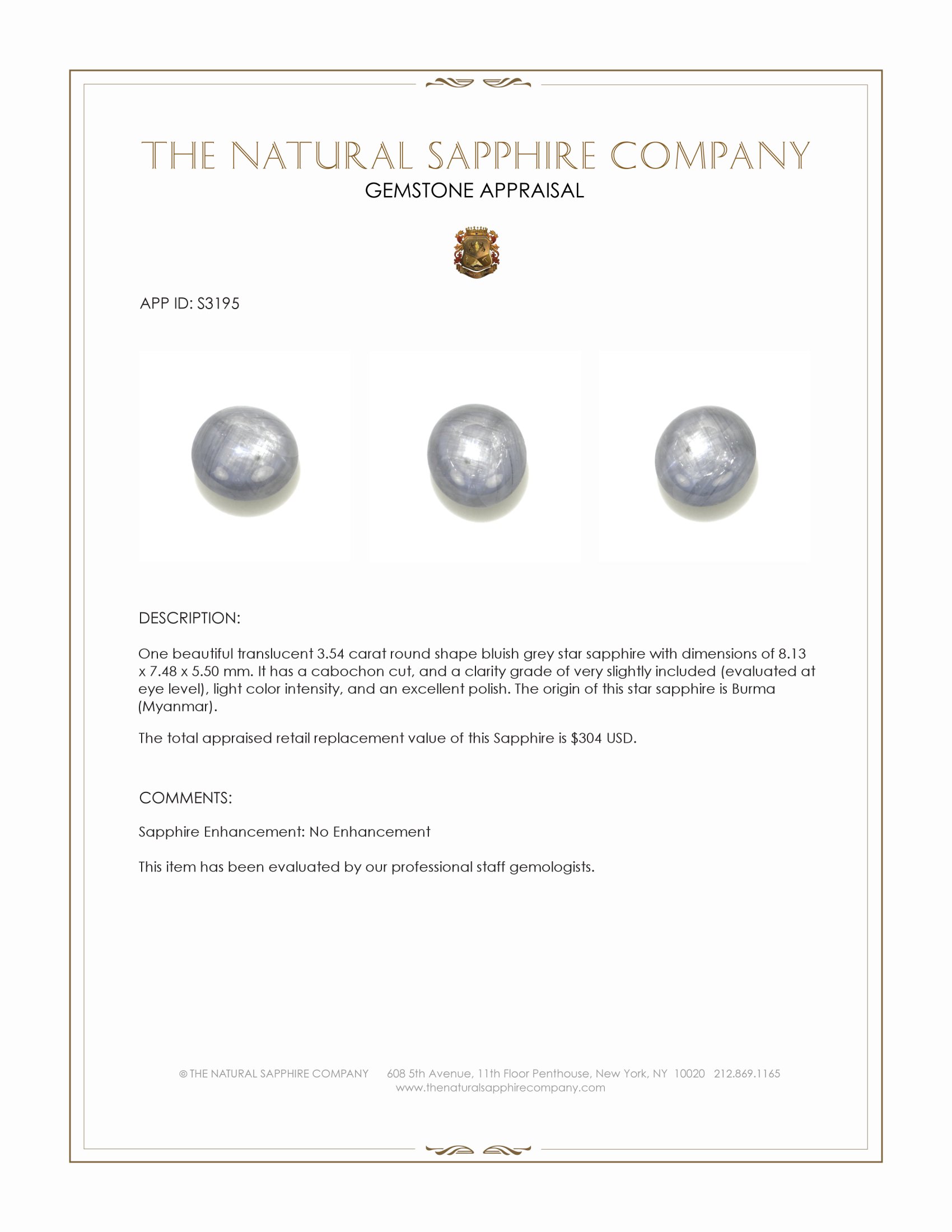 3.54 Ct. Bluish Grey Star Sapphire from Burma (Myanmar)