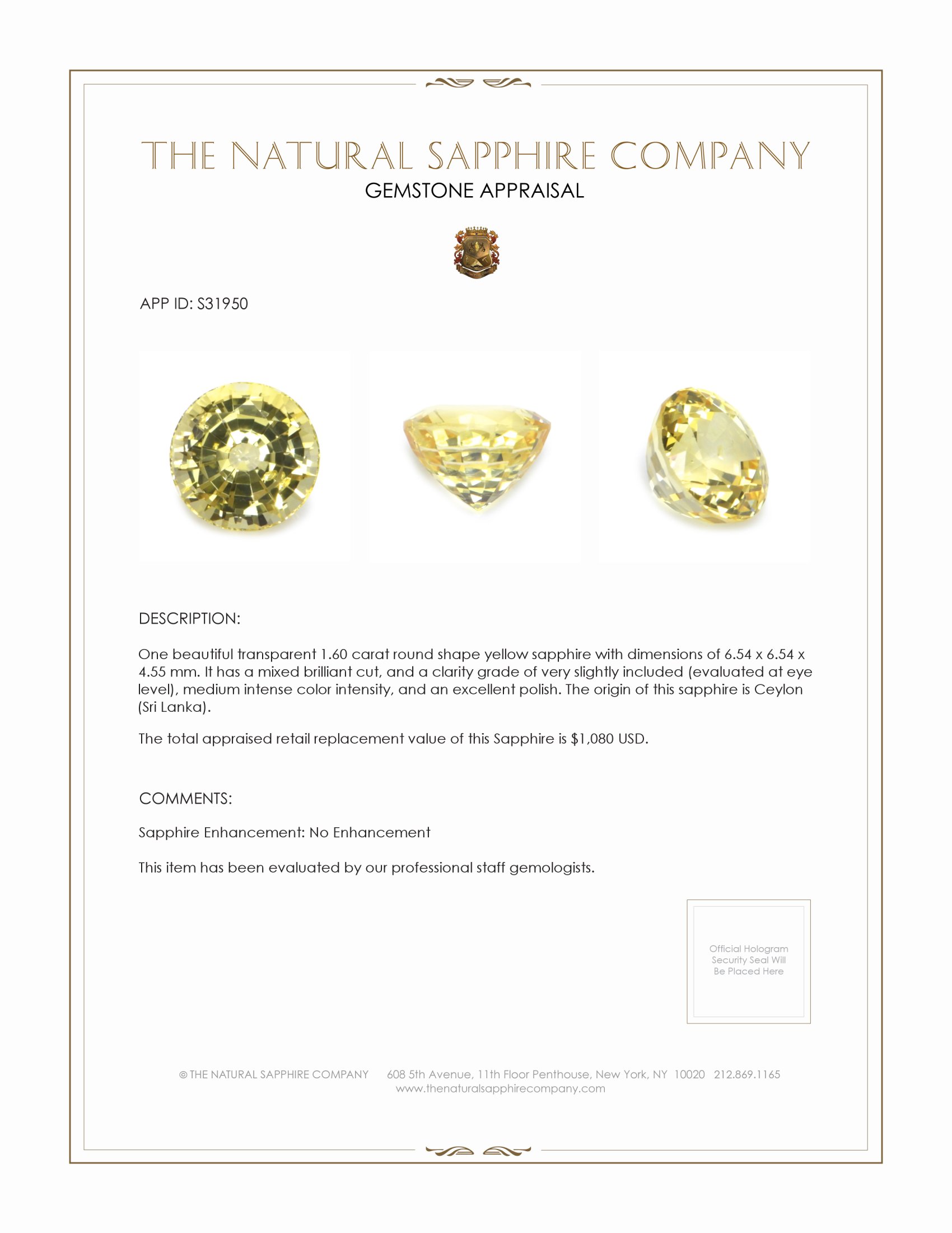 1.60 Ct. Yellow Sapphire from Ceylon (Sri Lanka)