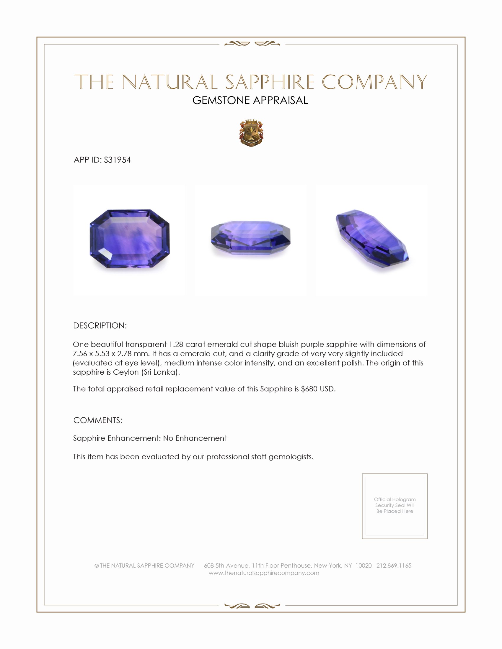 1.28 Ct. Bluish Purple Sapphire from Ceylon (Sri Lanka)