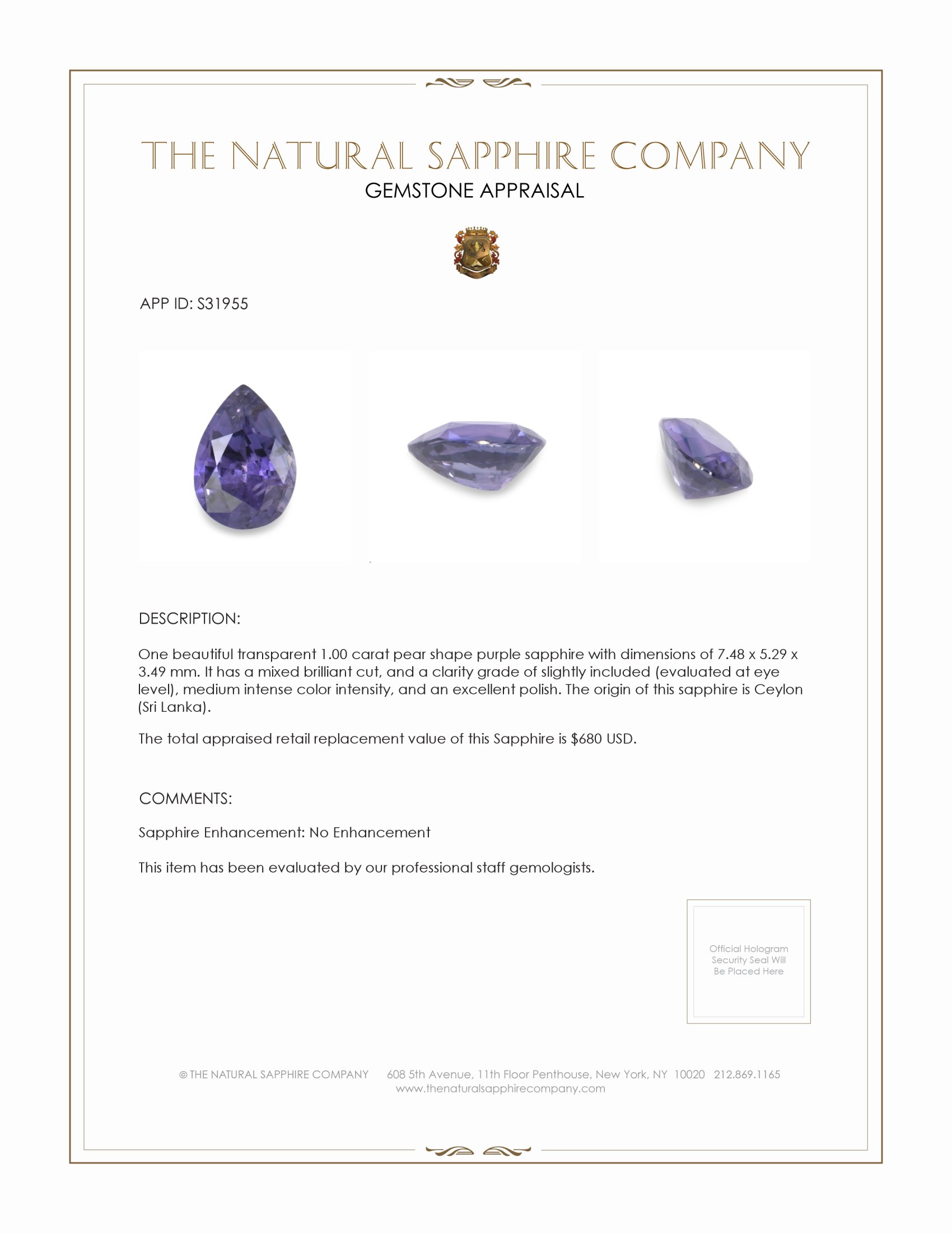 1.00 Ct. Purple Sapphire from Ceylon (Sri Lanka)
