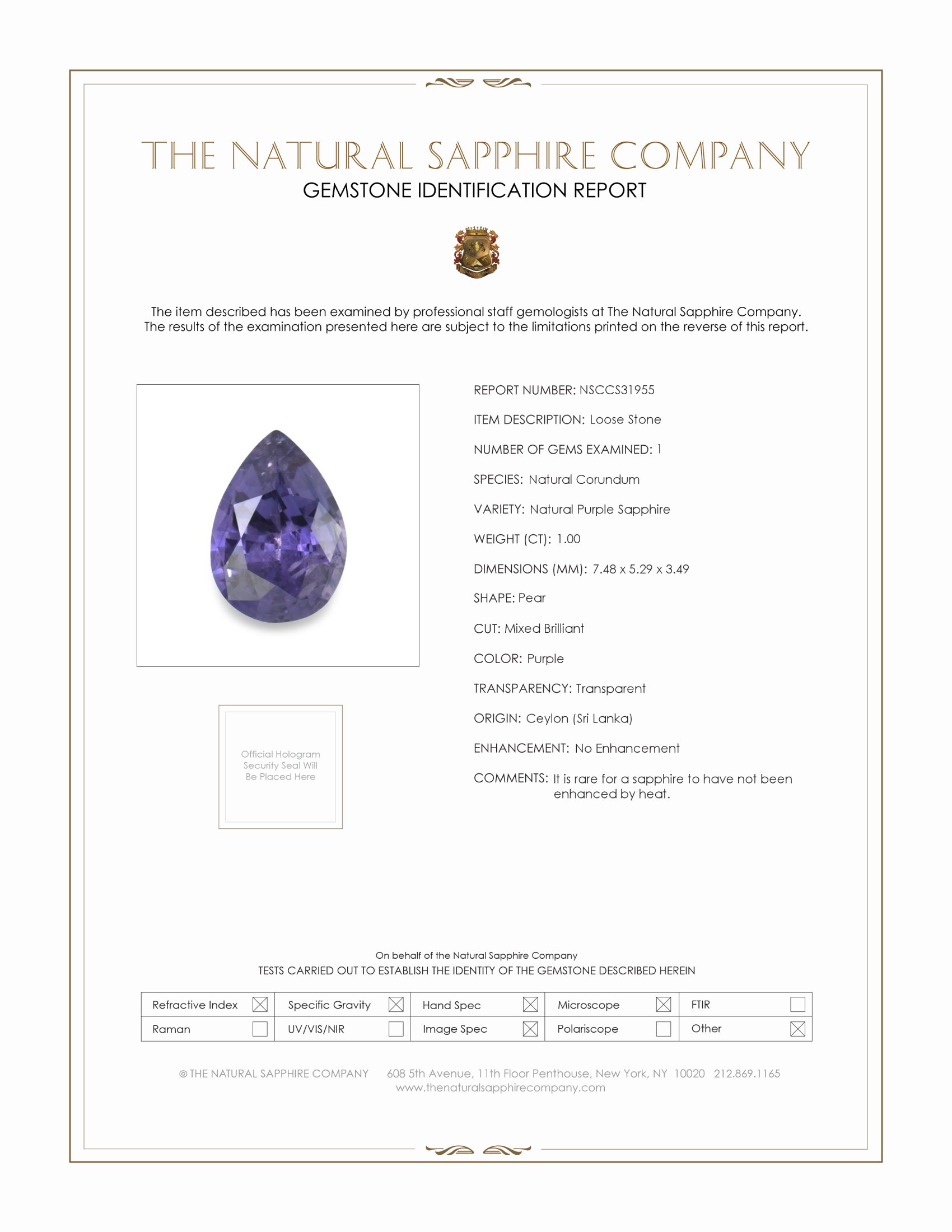 1.00 Ct. Purple Sapphire from Ceylon (Sri Lanka)