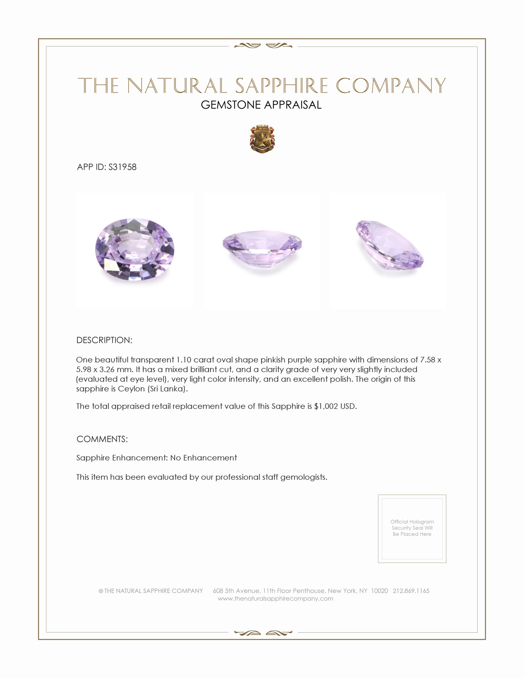 1.10 Ct. Pinkish Purple Sapphire from Ceylon (Sri Lanka)