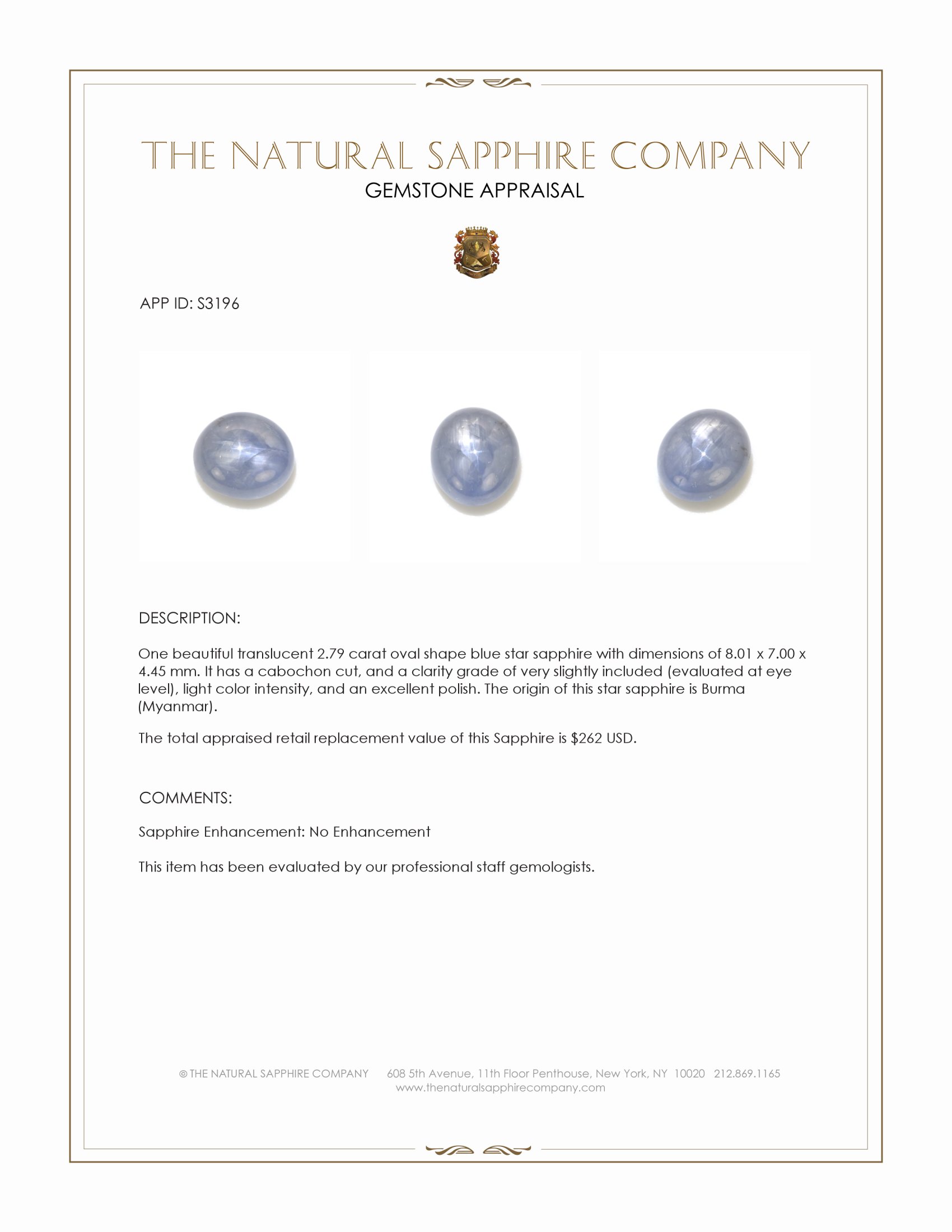 2.79 Ct. Blue Star Sapphire from Burma (Myanmar)