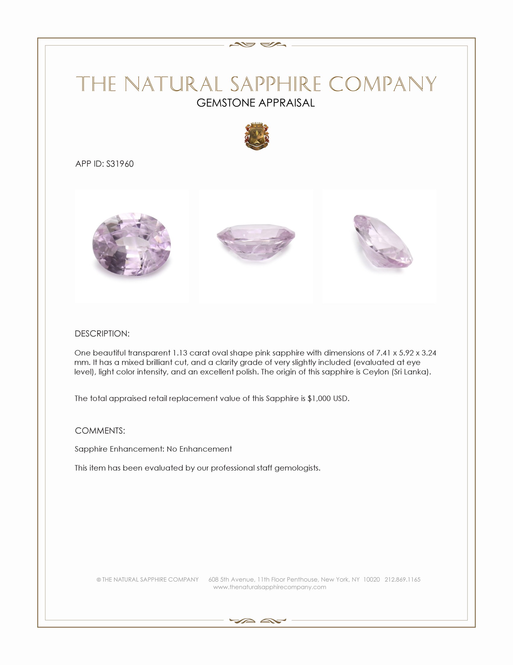 1.13 Ct. Pink Sapphire from Ceylon (Sri Lanka)