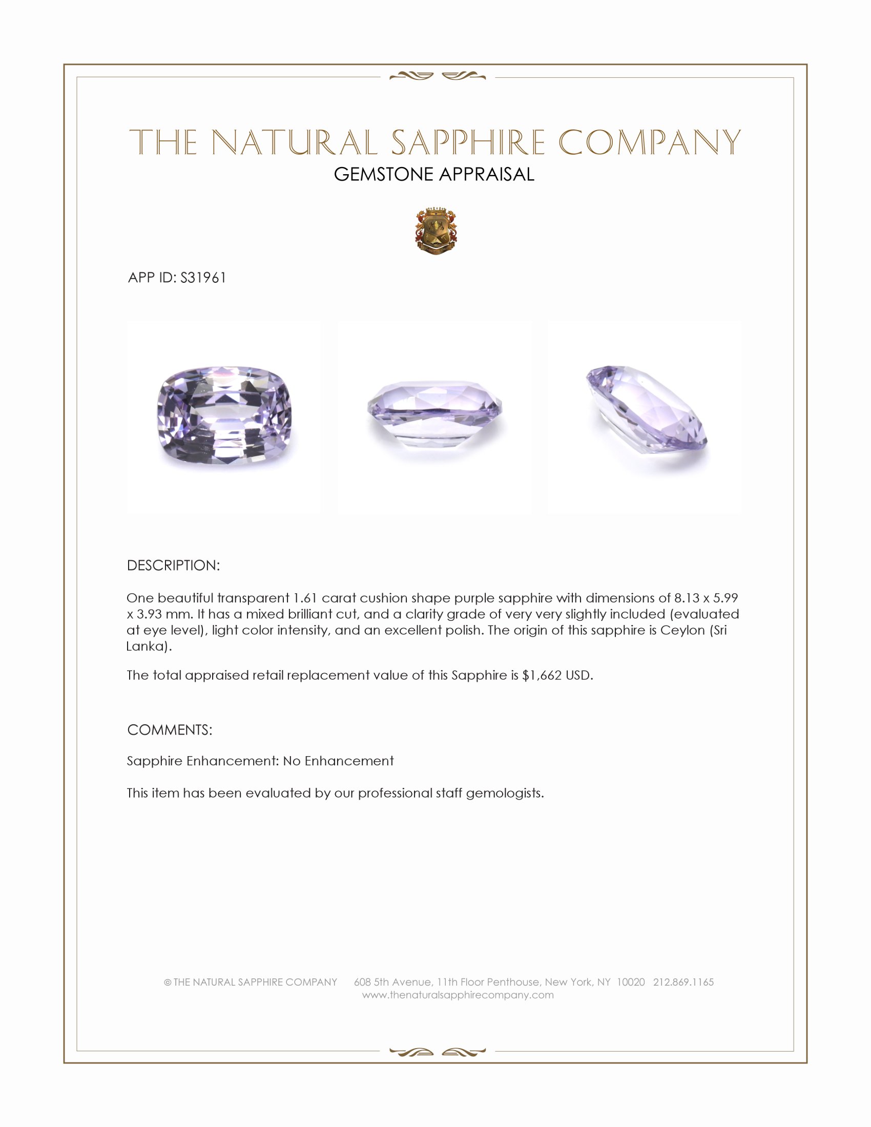 1.61 Ct. Purple Sapphire from Ceylon (Sri Lanka)
