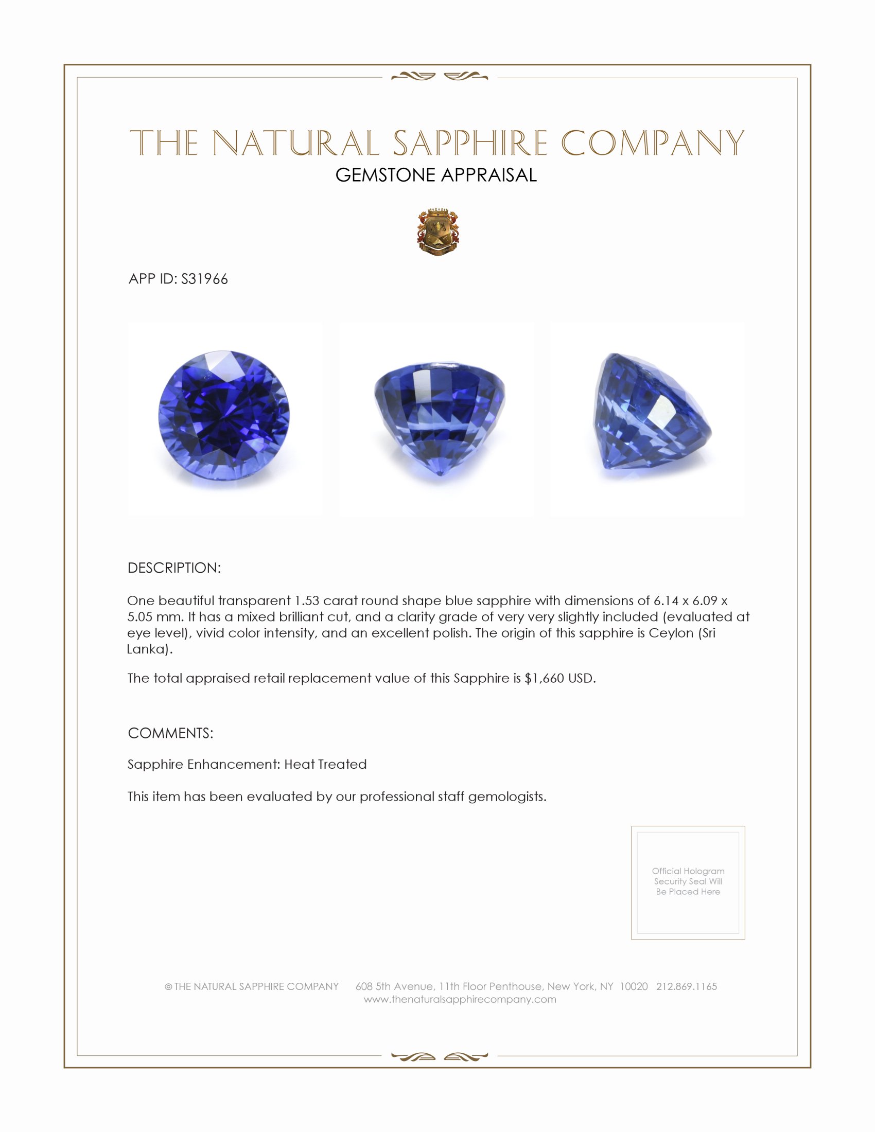 1.53 Ct. Blue Sapphire from Ceylon (Sri Lanka)