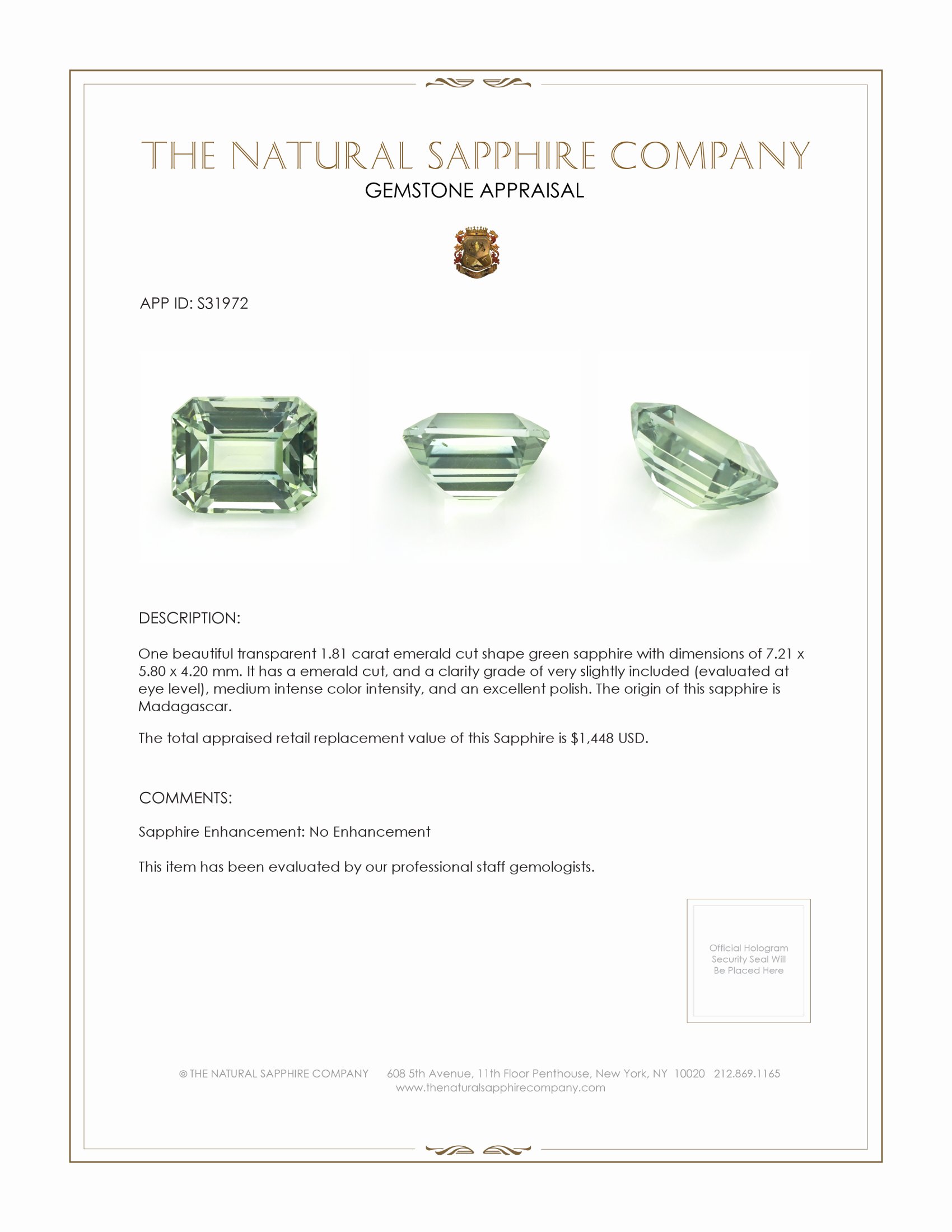 1.81 Ct. Green Sapphire from Madagascar