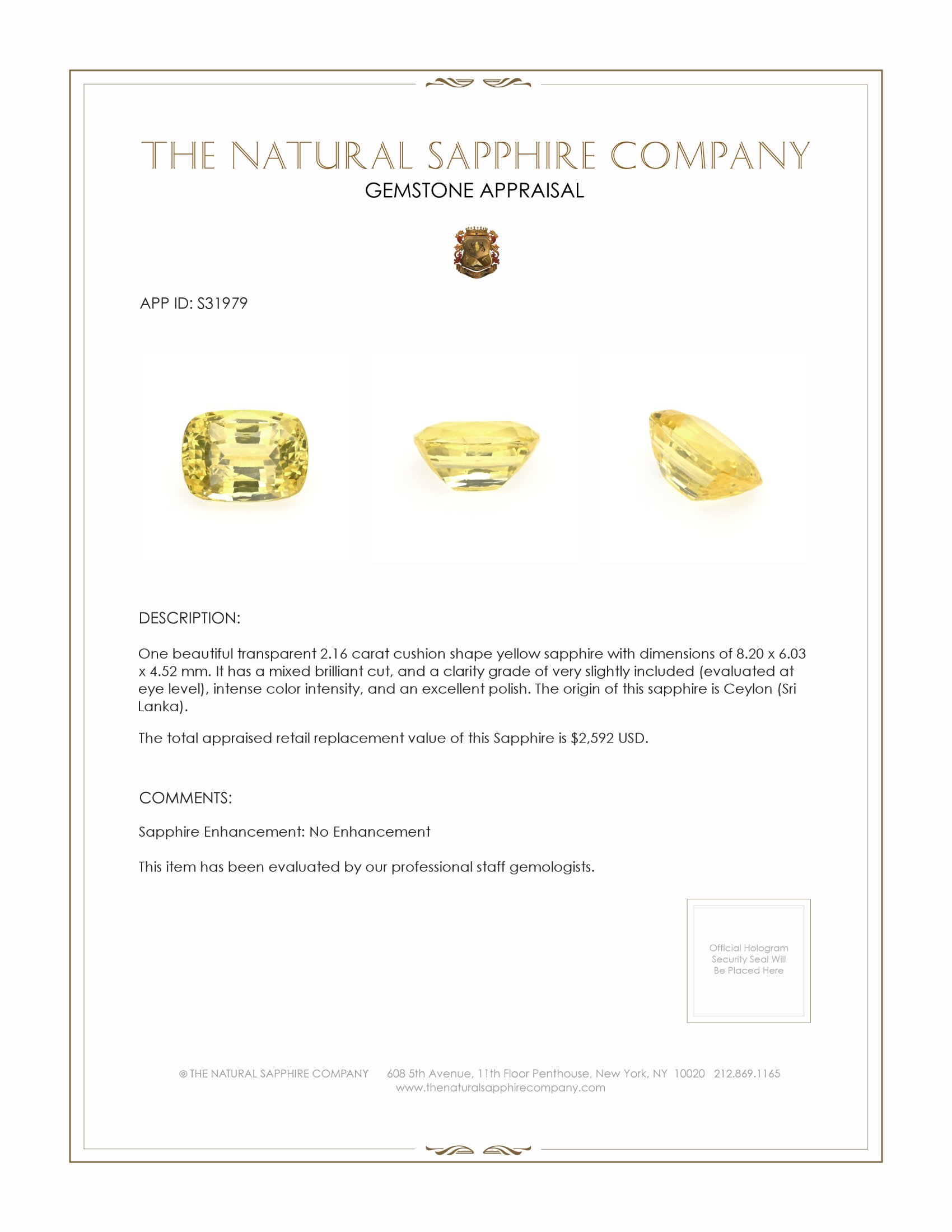2.16 Ct. Yellow Sapphire from Ceylon (Sri Lanka)