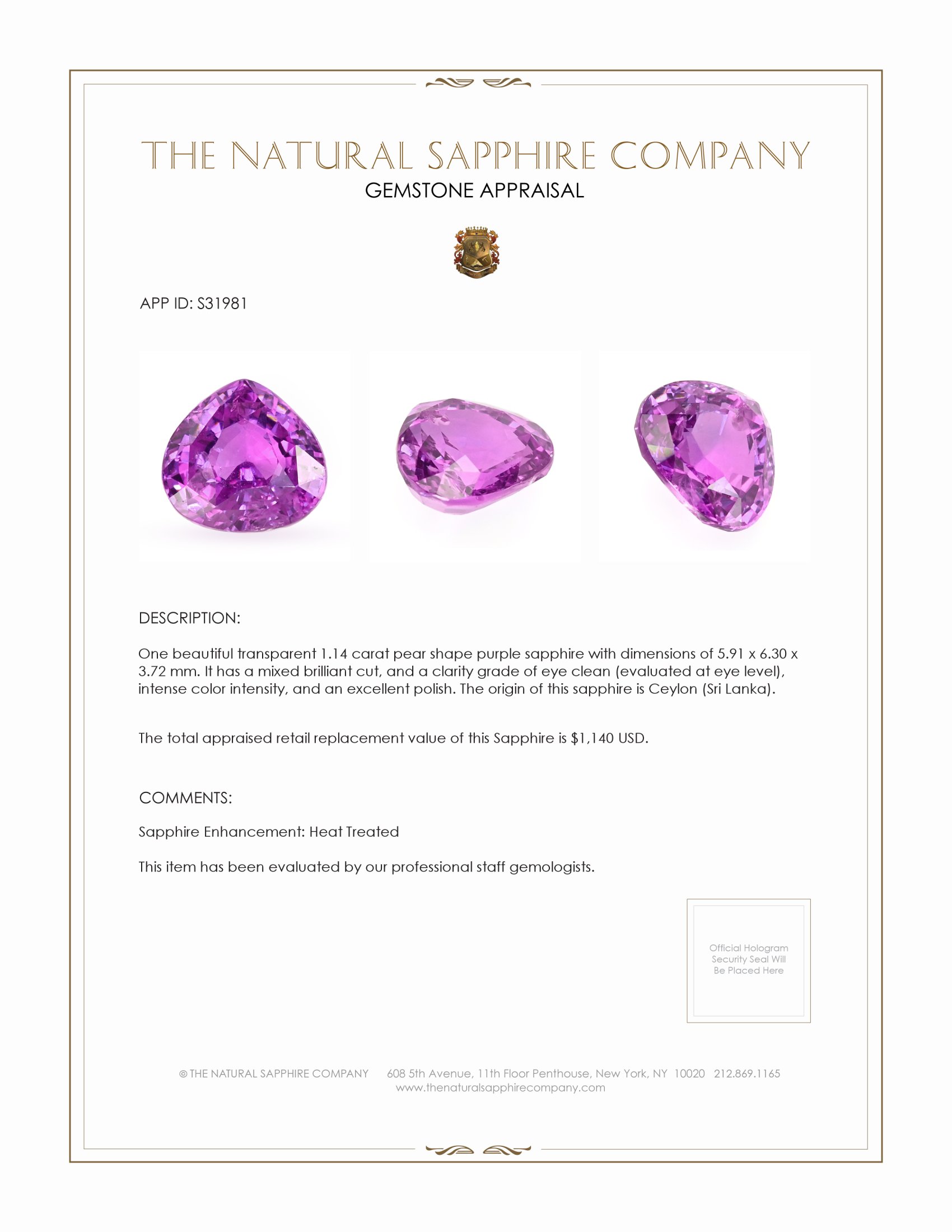 1.14 Ct. Purple Sapphire from Ceylon (Sri Lanka)