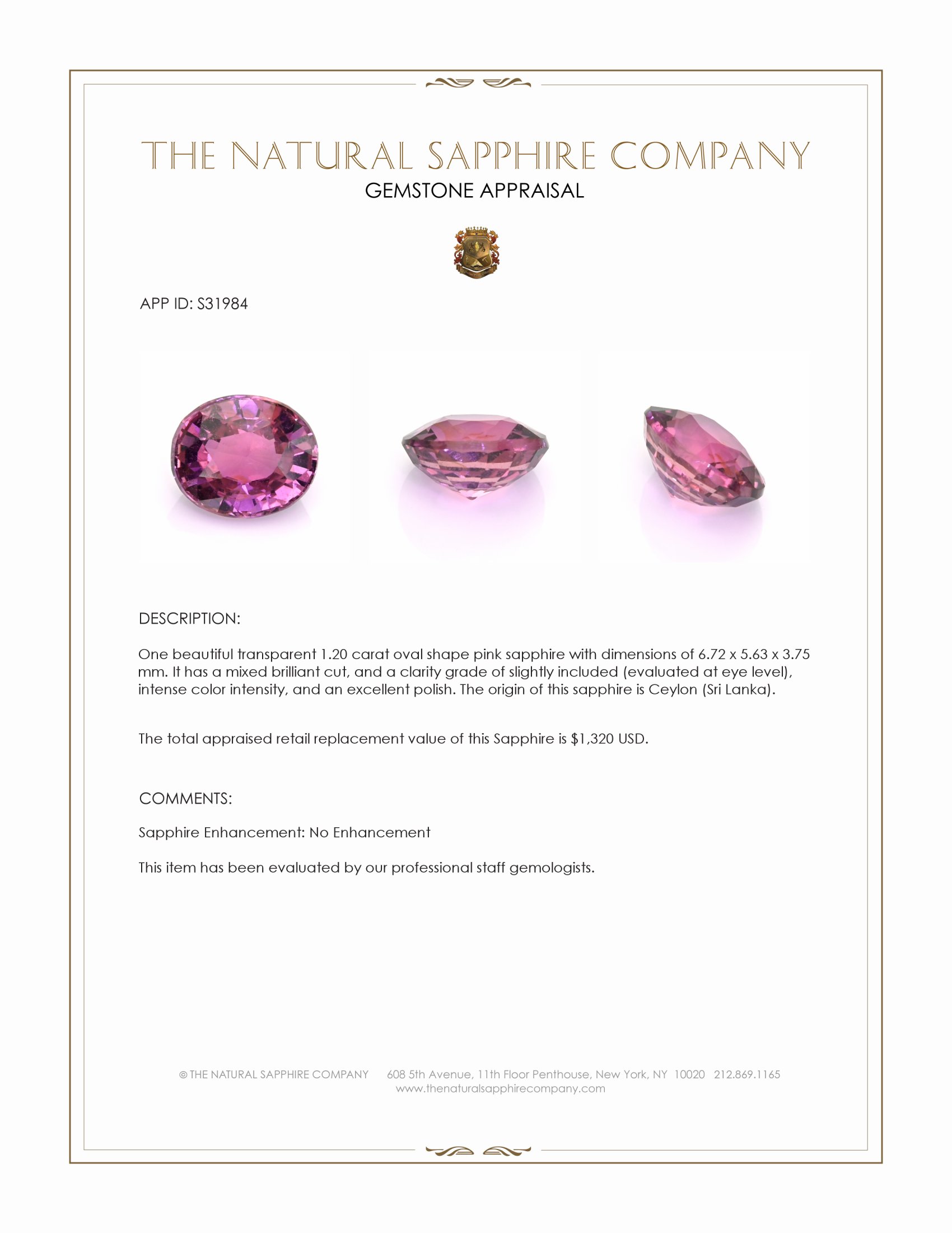 1.20 Ct. Pink Sapphire from Ceylon (Sri Lanka)