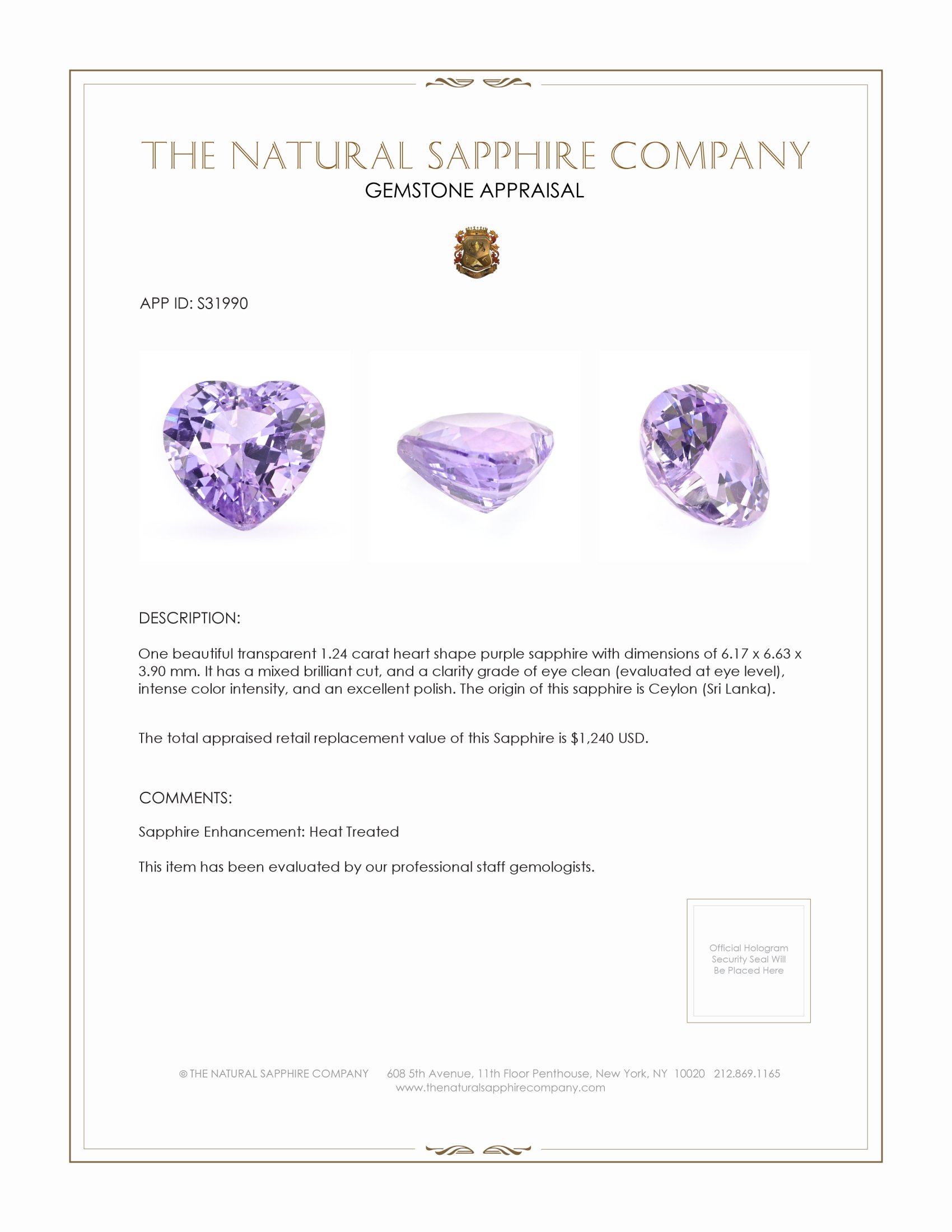 1.24 Ct. Purple Sapphire from Ceylon (Sri Lanka)