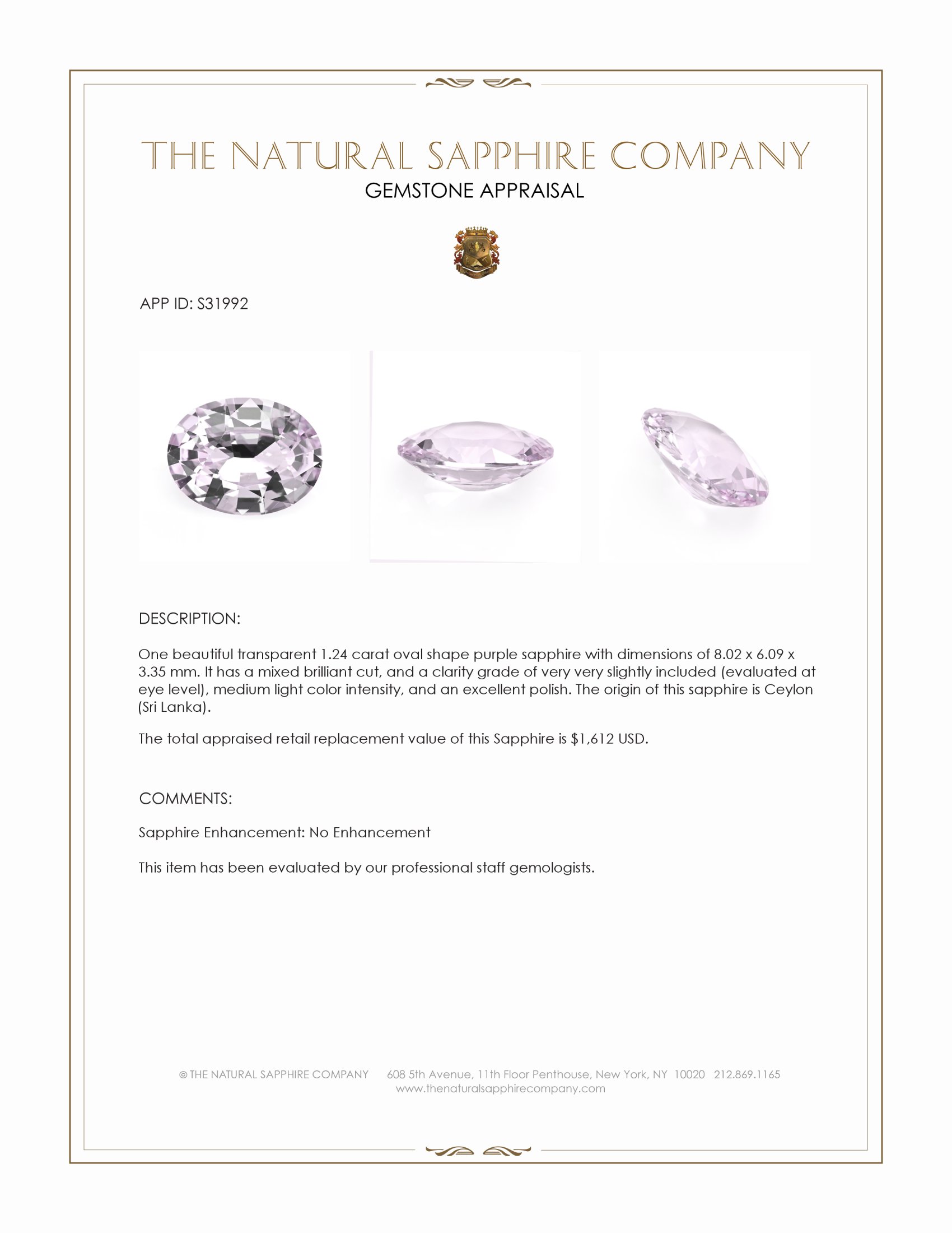 1.24 Ct. Pinkish Purple Sapphire from Ceylon (Sri Lanka)