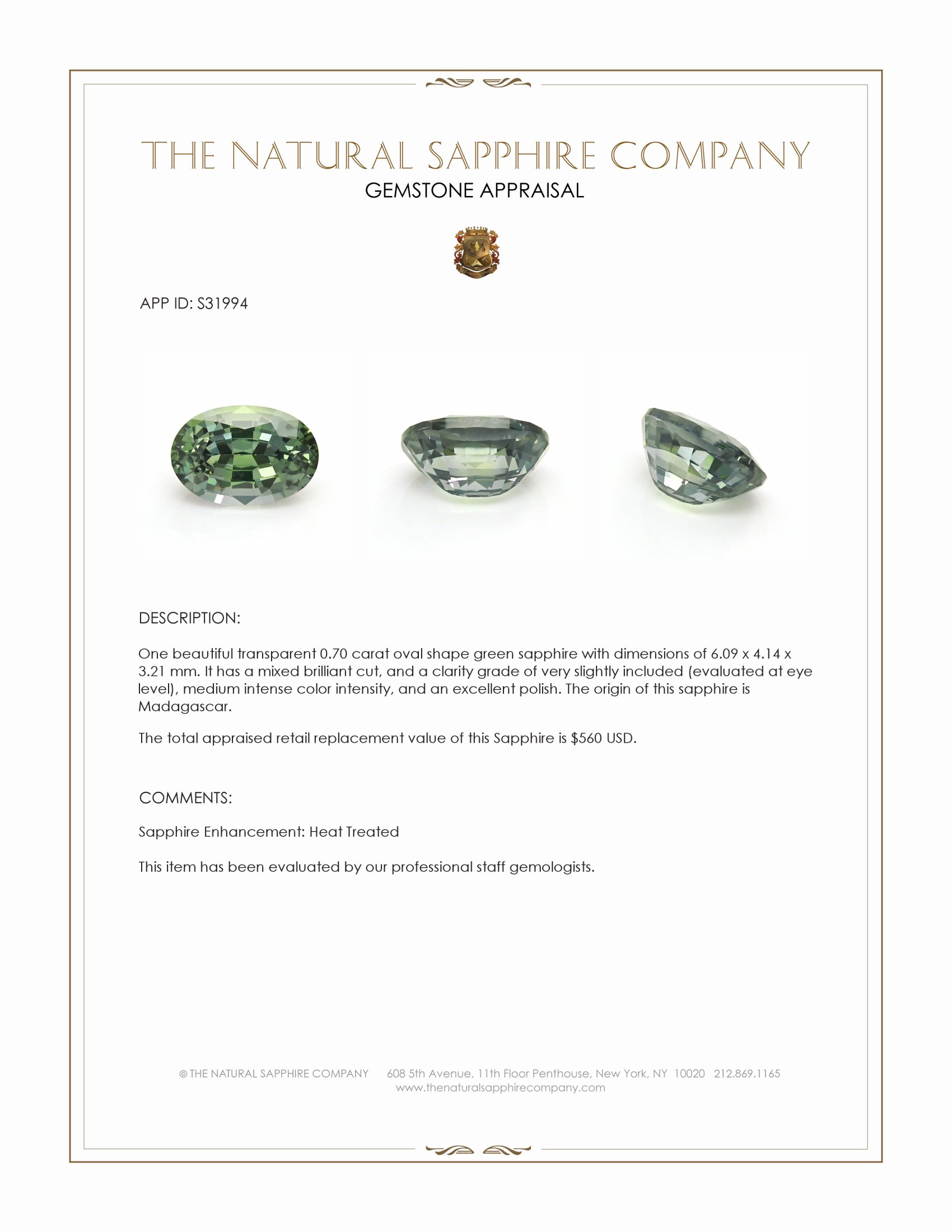0.70 Ct. Green Sapphire from Madagascar