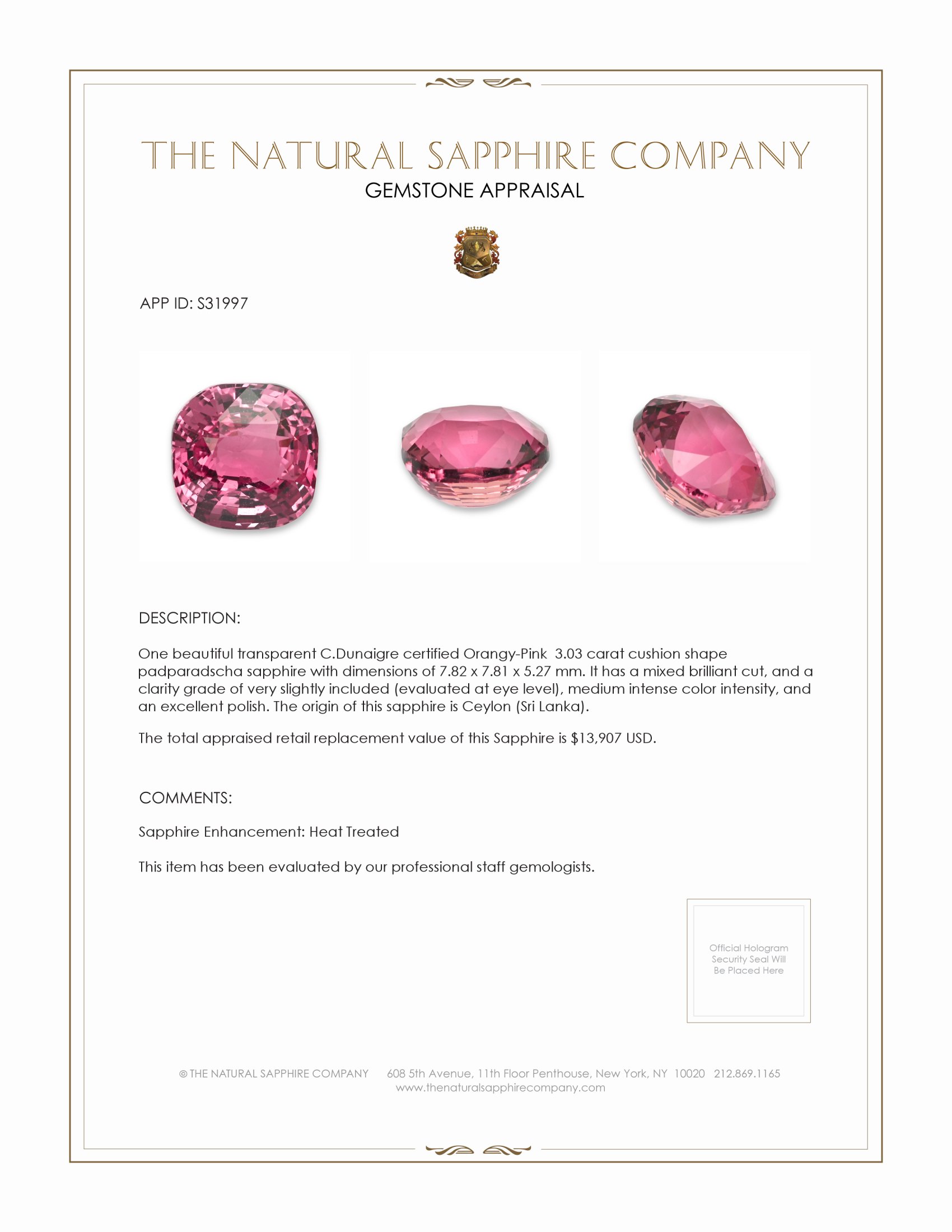 3.03 Ct. Padparadscha Sapphire from Ceylon (Sri Lanka)