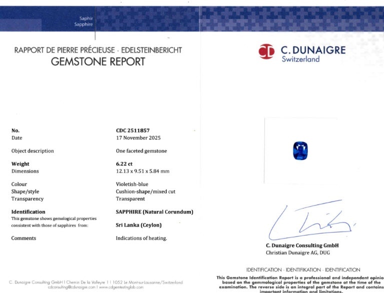 6.22 Ct. Violet Sapphire from Ceylon (Sri Lanka)