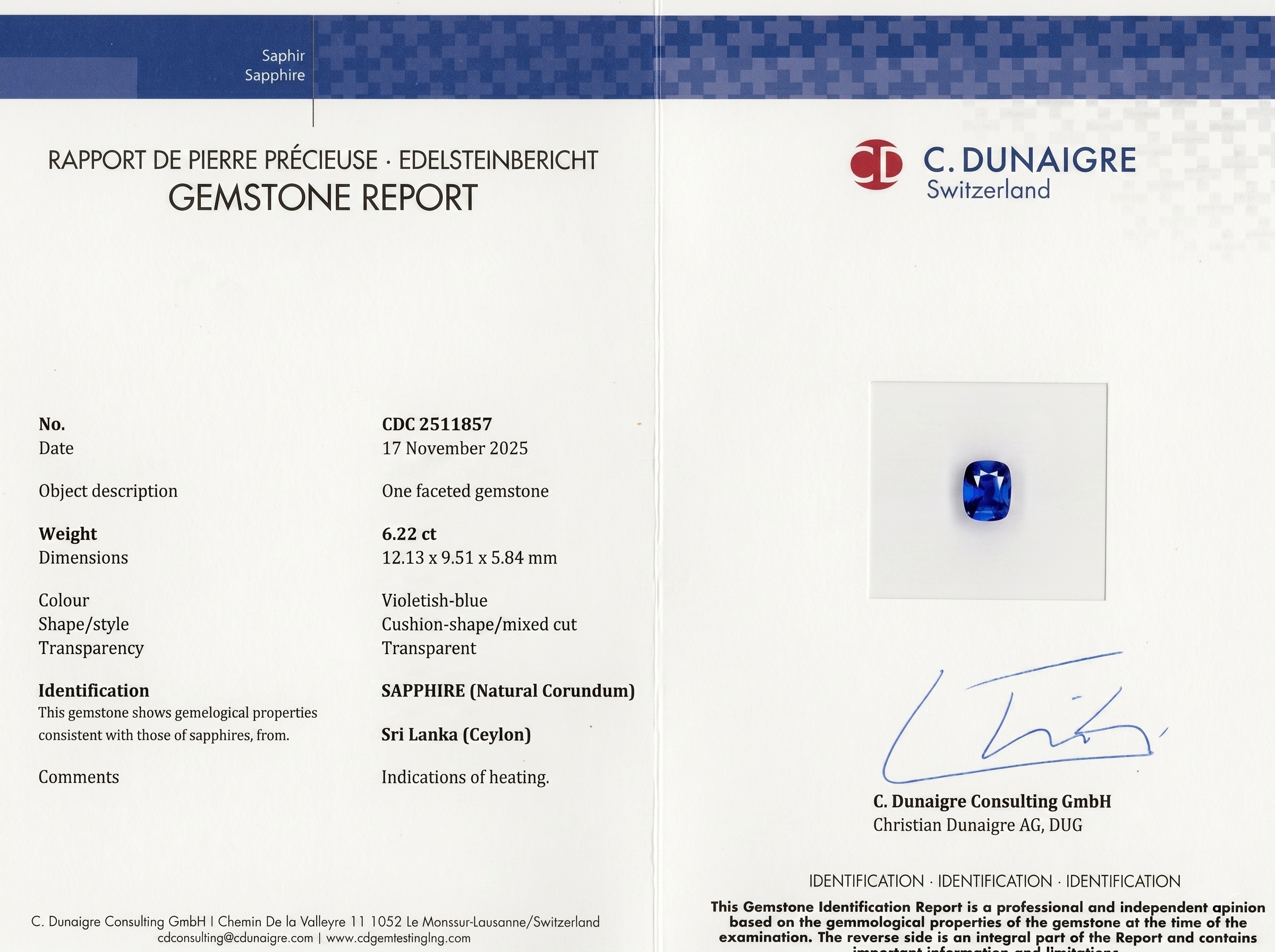 6.22 Ct. Violet Sapphire from Ceylon (Sri Lanka)