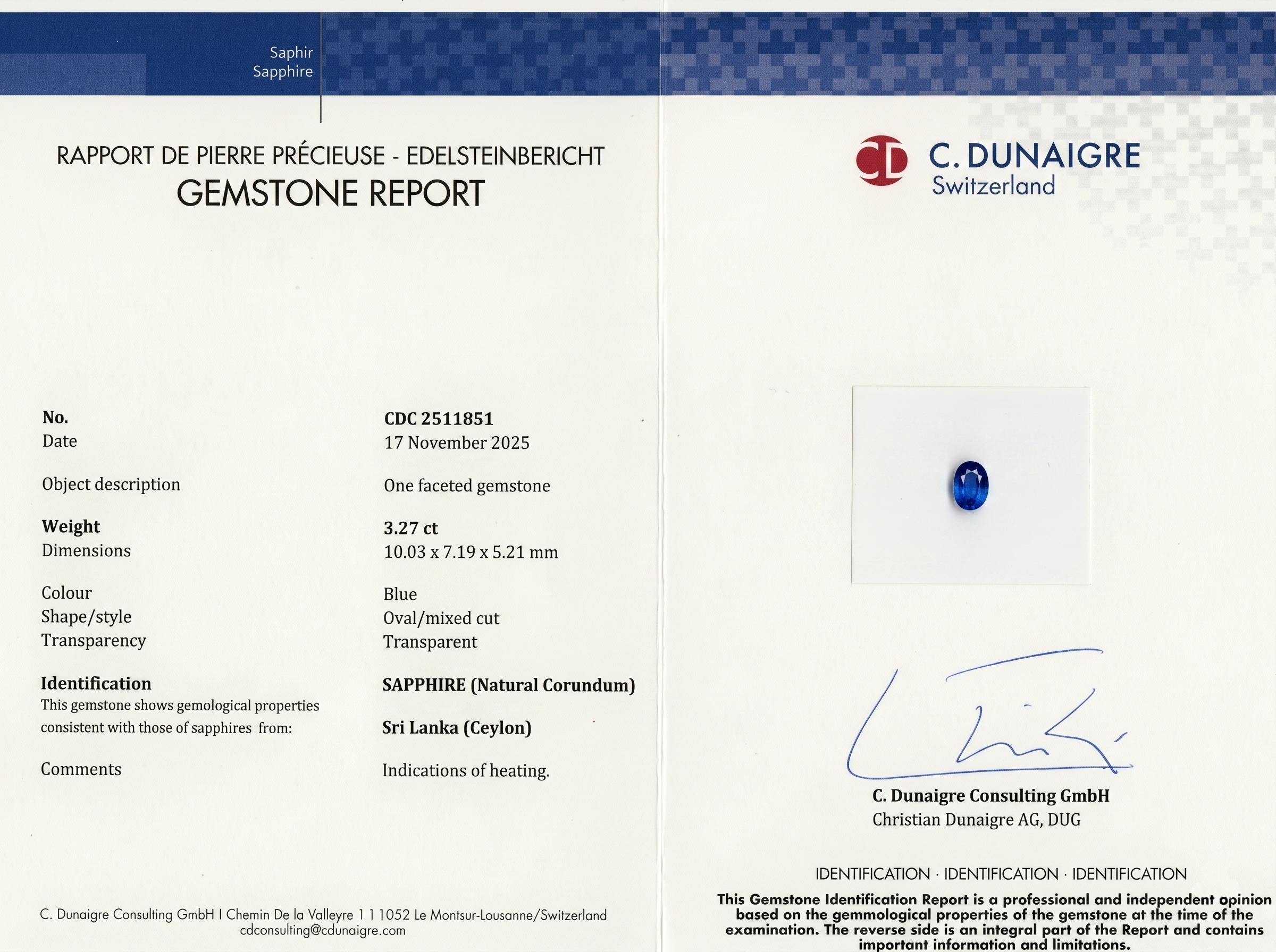 3.27 Ct. Blue Sapphire from Ceylon (Sri Lanka)