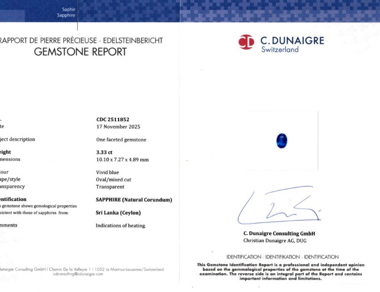 3.33 Ct. Blue Sapphire from Ceylon (Sri Lanka)