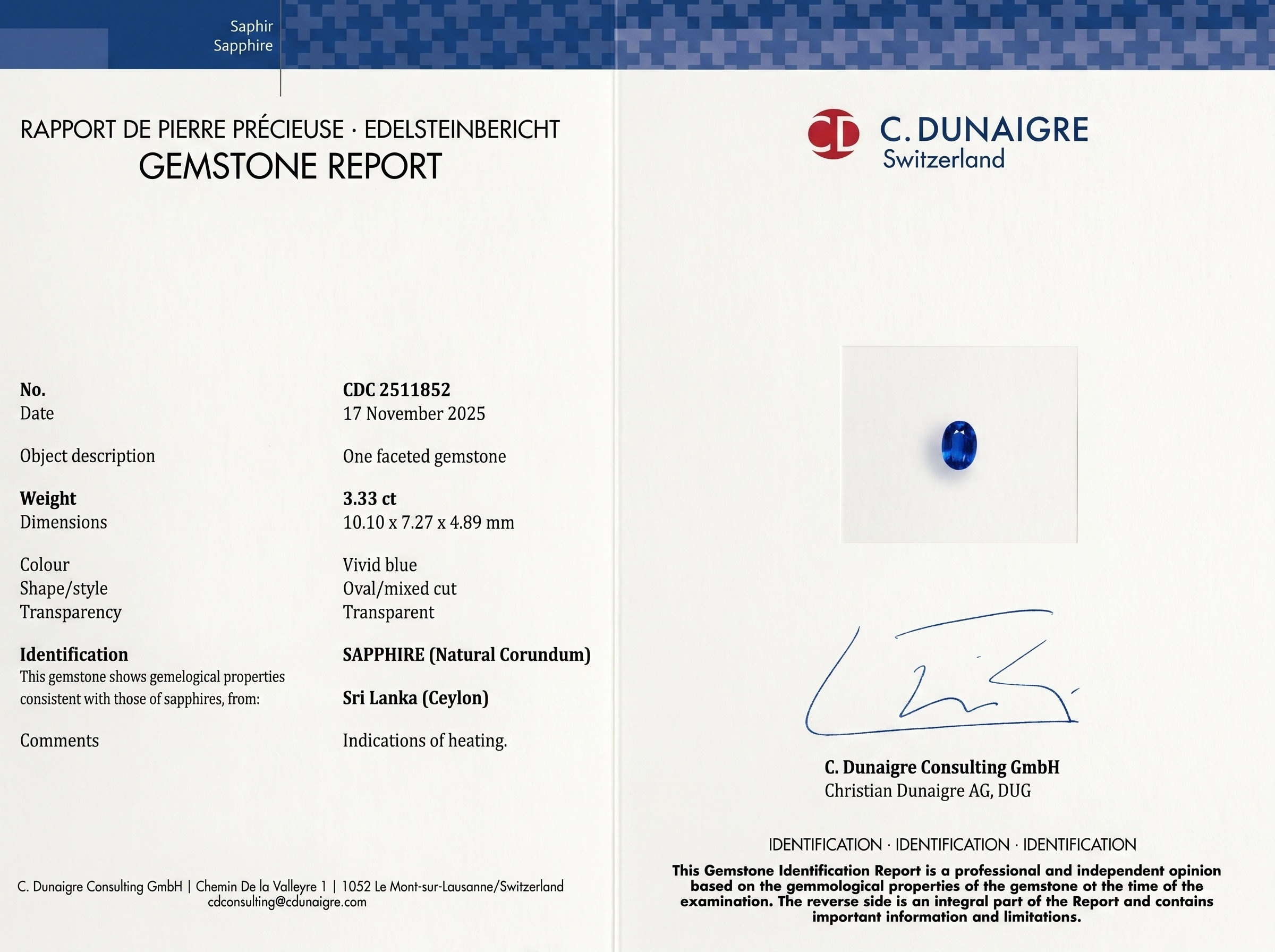 3.33 Ct. Blue Sapphire from Ceylon (Sri Lanka)