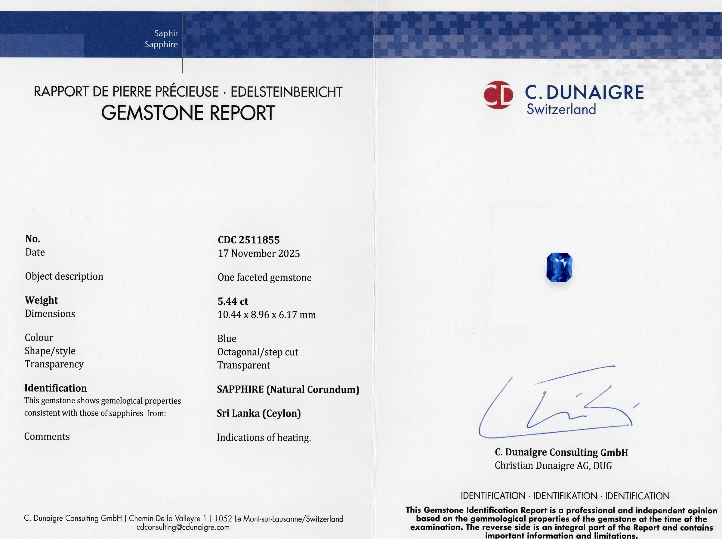 5.44 Ct. Blue Sapphire from Ceylon (Sri Lanka)