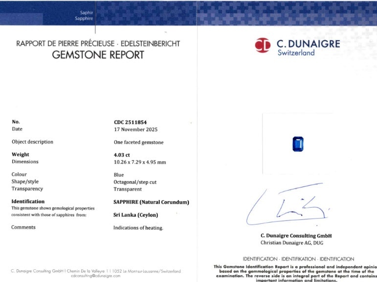 4.03 Ct. Blue Sapphire from Ceylon (Sri Lanka)