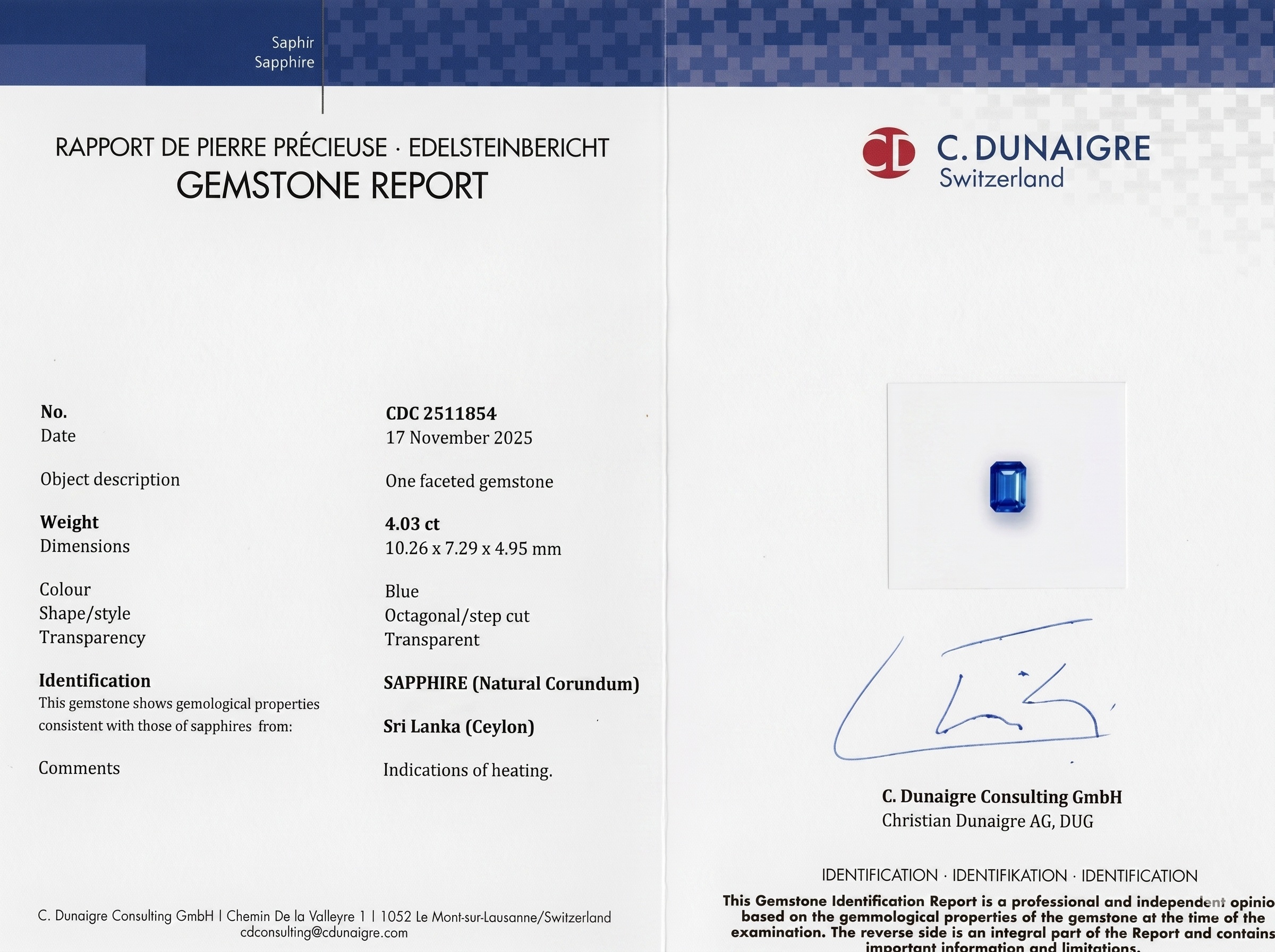 4.03 Ct. Blue Sapphire from Ceylon (Sri Lanka)