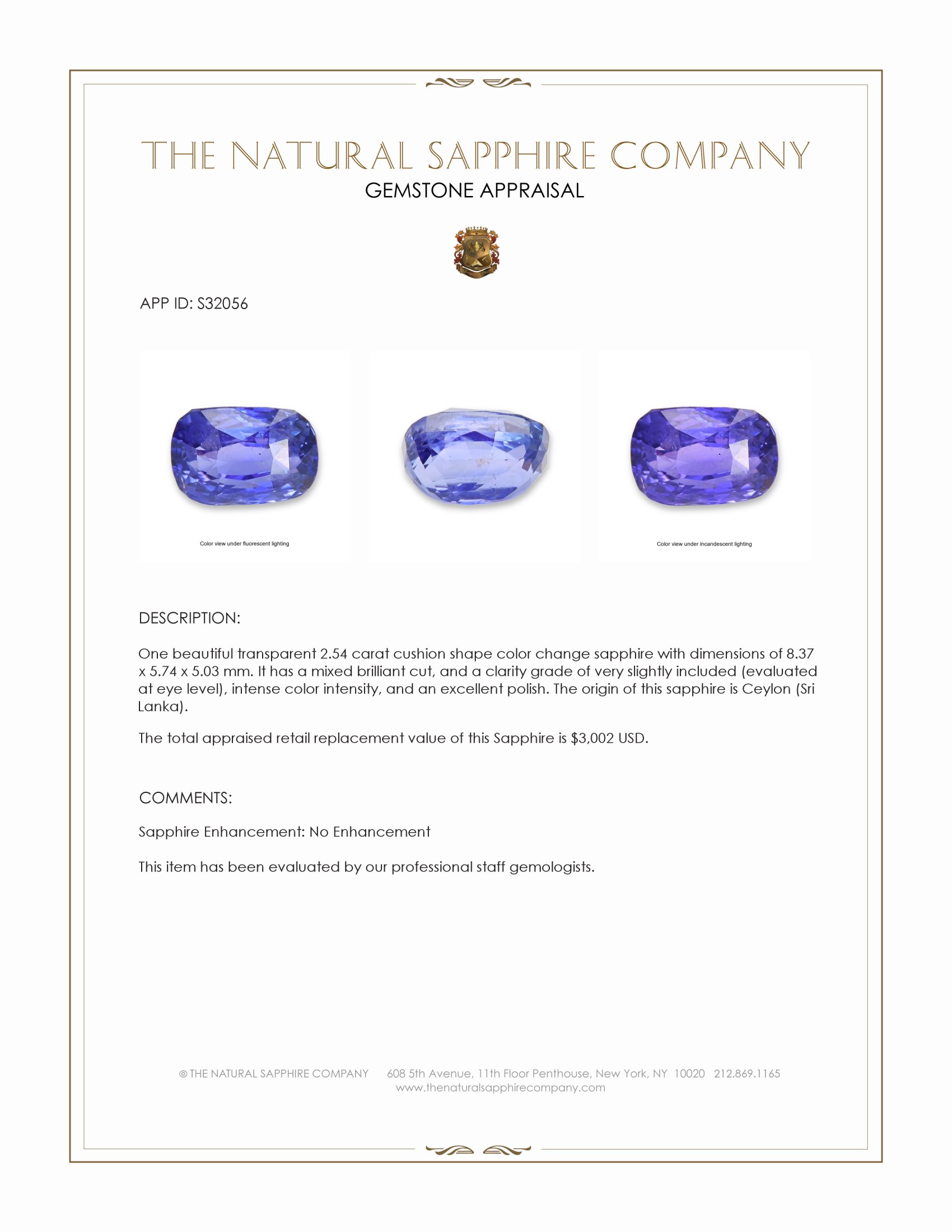 2.54 Ct. Color Change Sapphire from Ceylon (Sri Lanka)