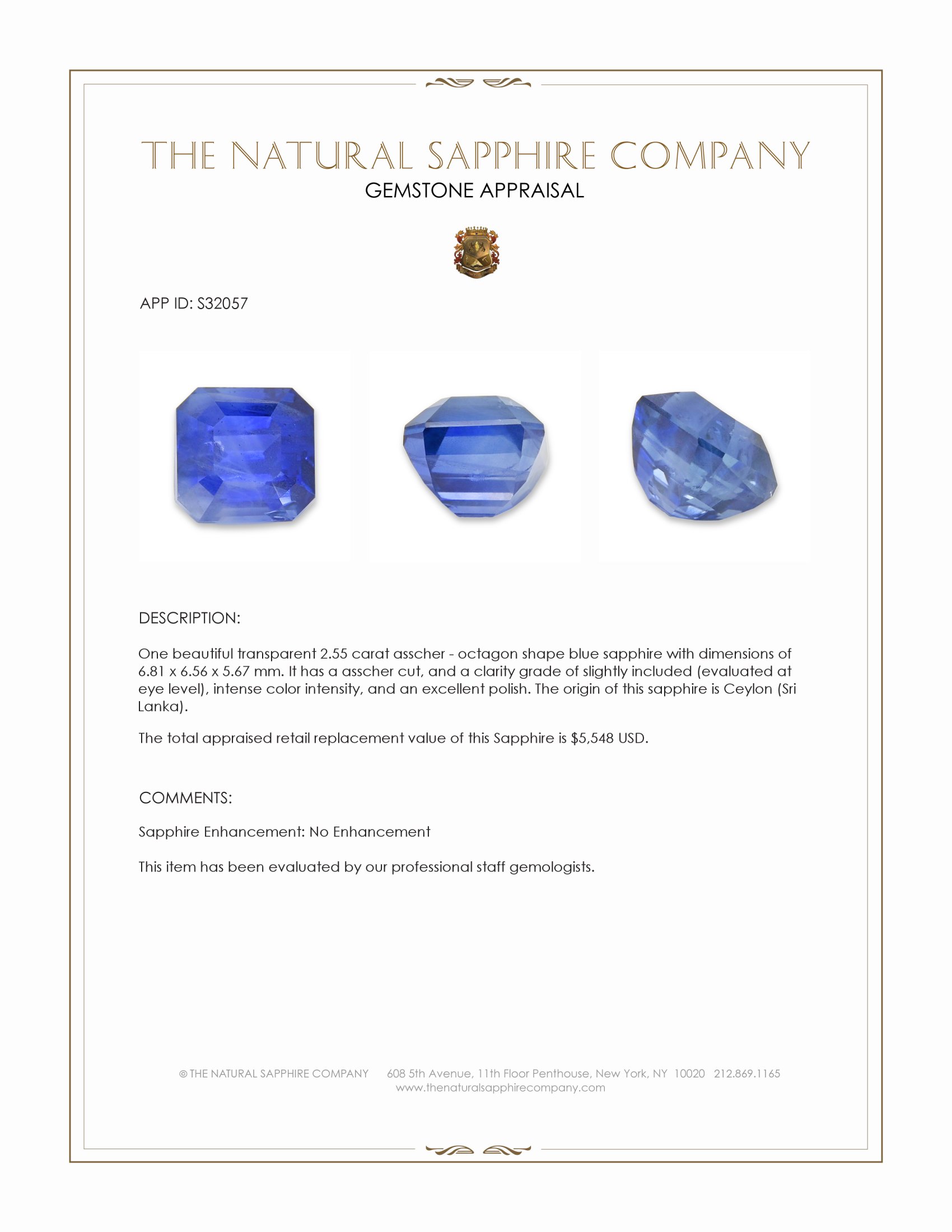 2.55 Ct. Blue Sapphire from Ceylon (Sri Lanka)