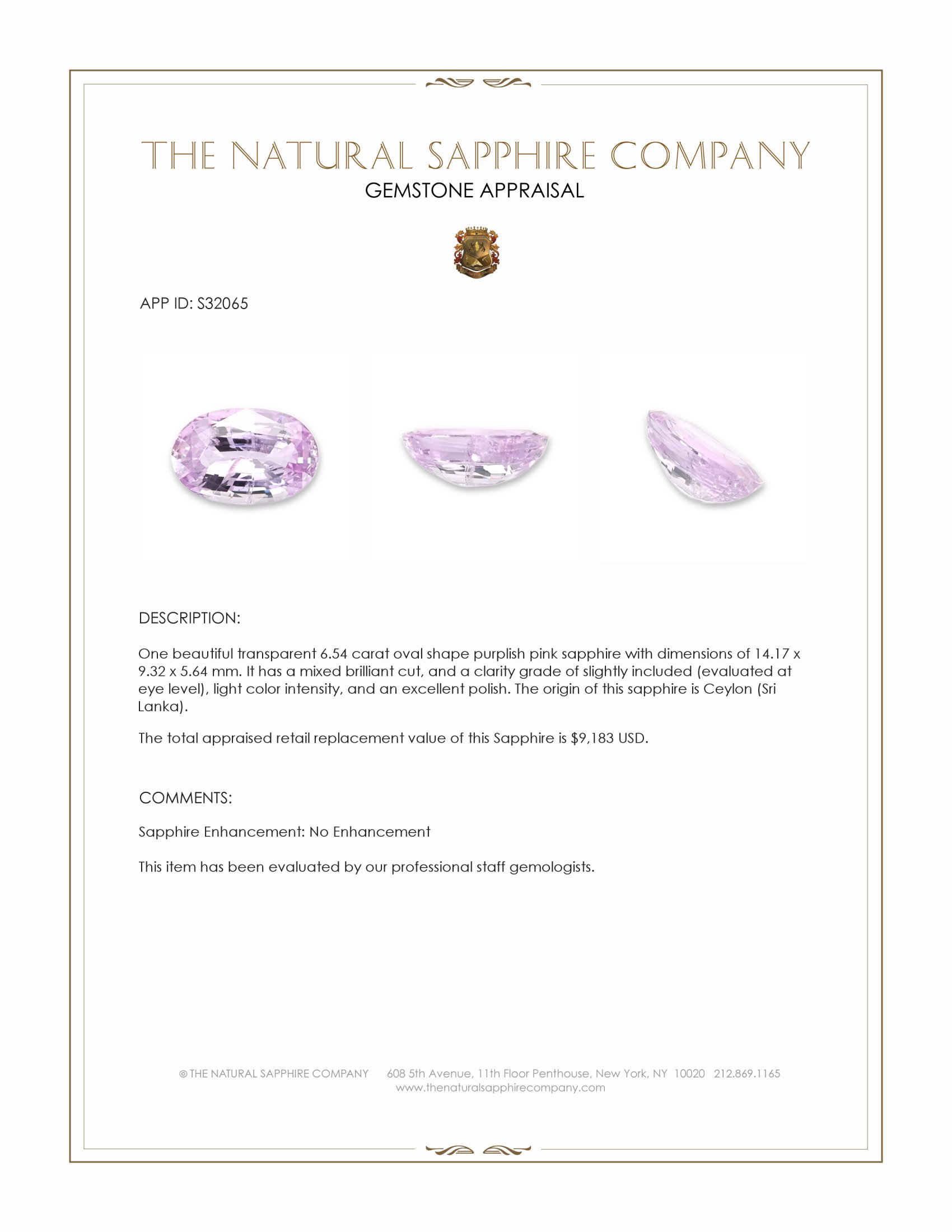 6.54 Ct. Purplish Pink Sapphire from Ceylon (Sri Lanka)