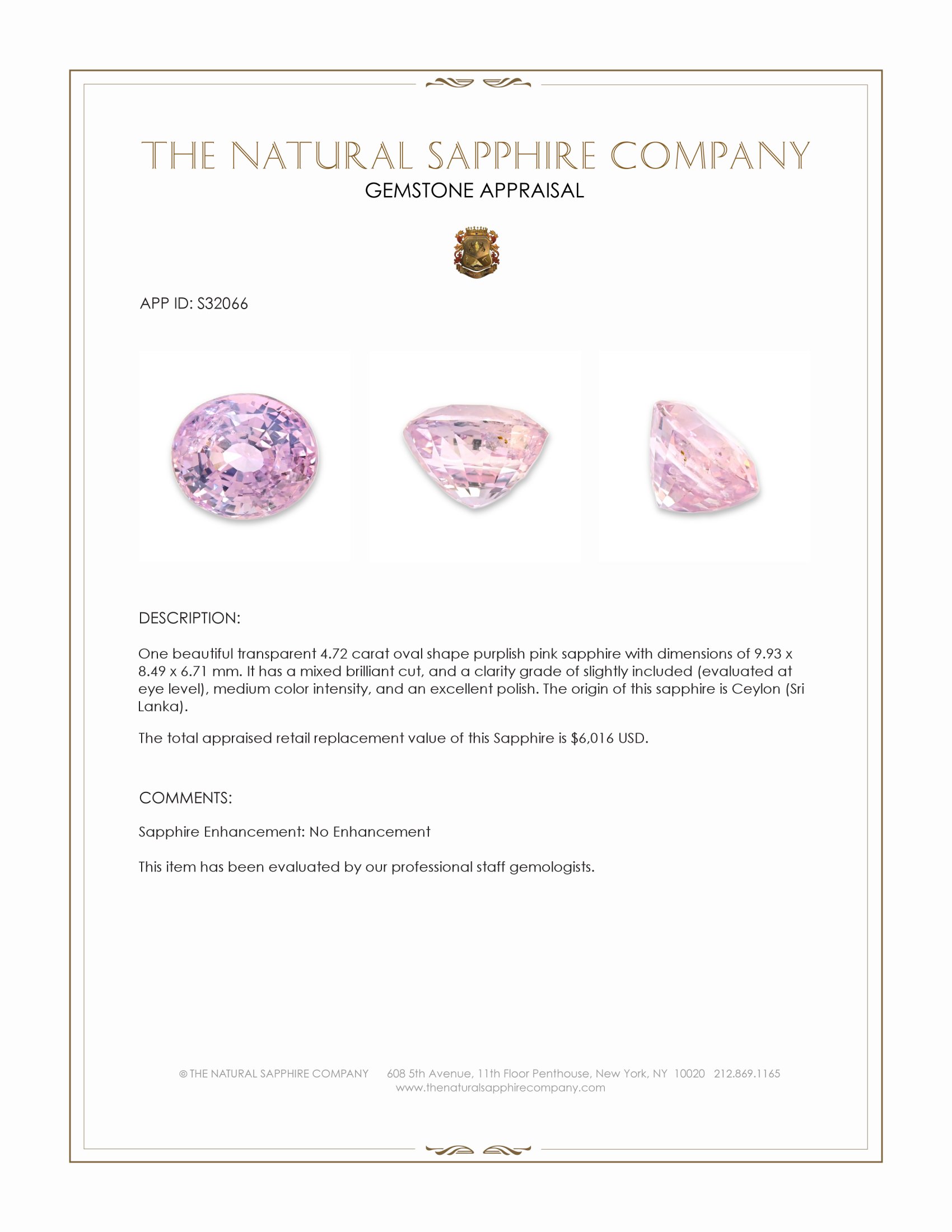 4.72 Ct. Purplish Pink Sapphire from Ceylon (Sri Lanka)