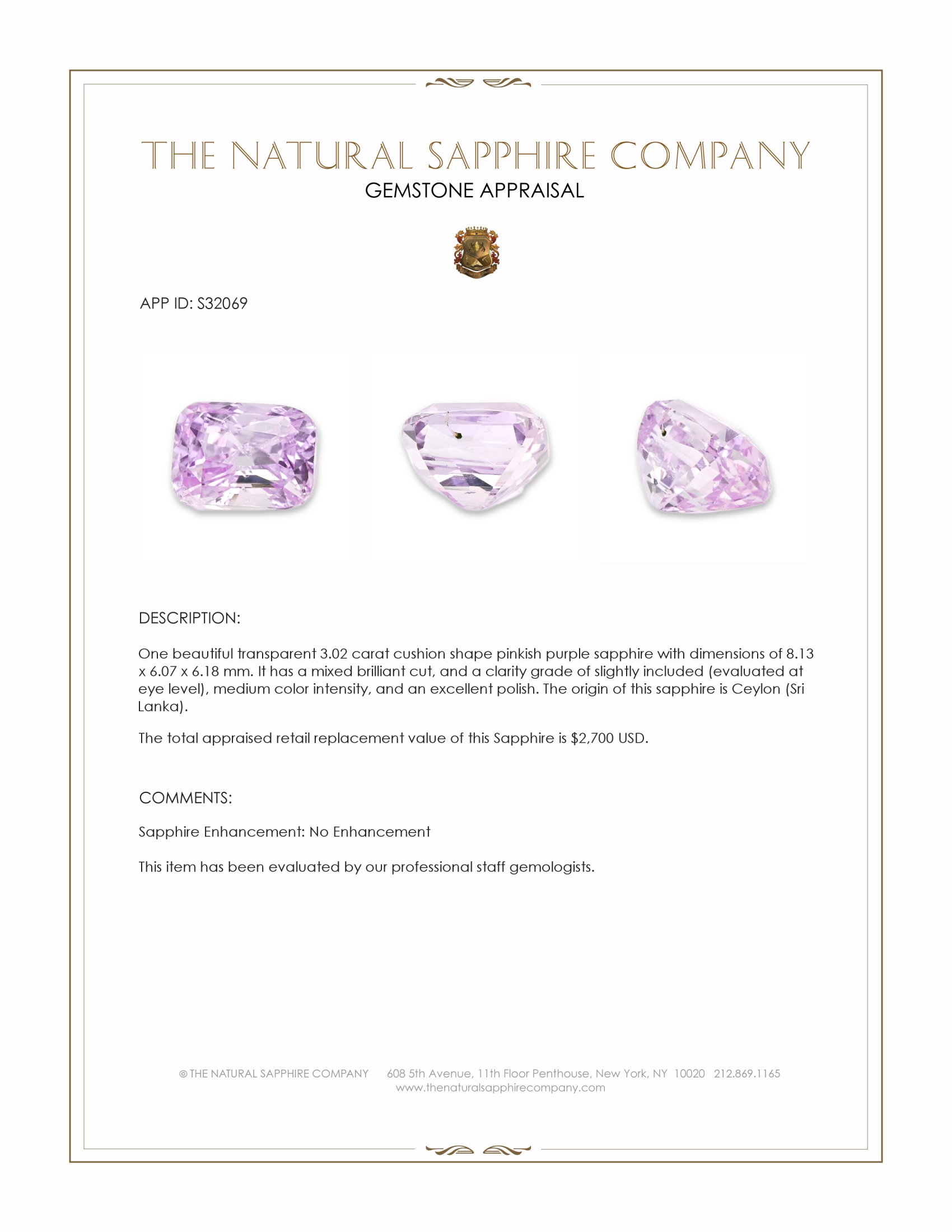 3.02 Ct. Pinkish Purple Sapphire from Ceylon (Sri Lanka)