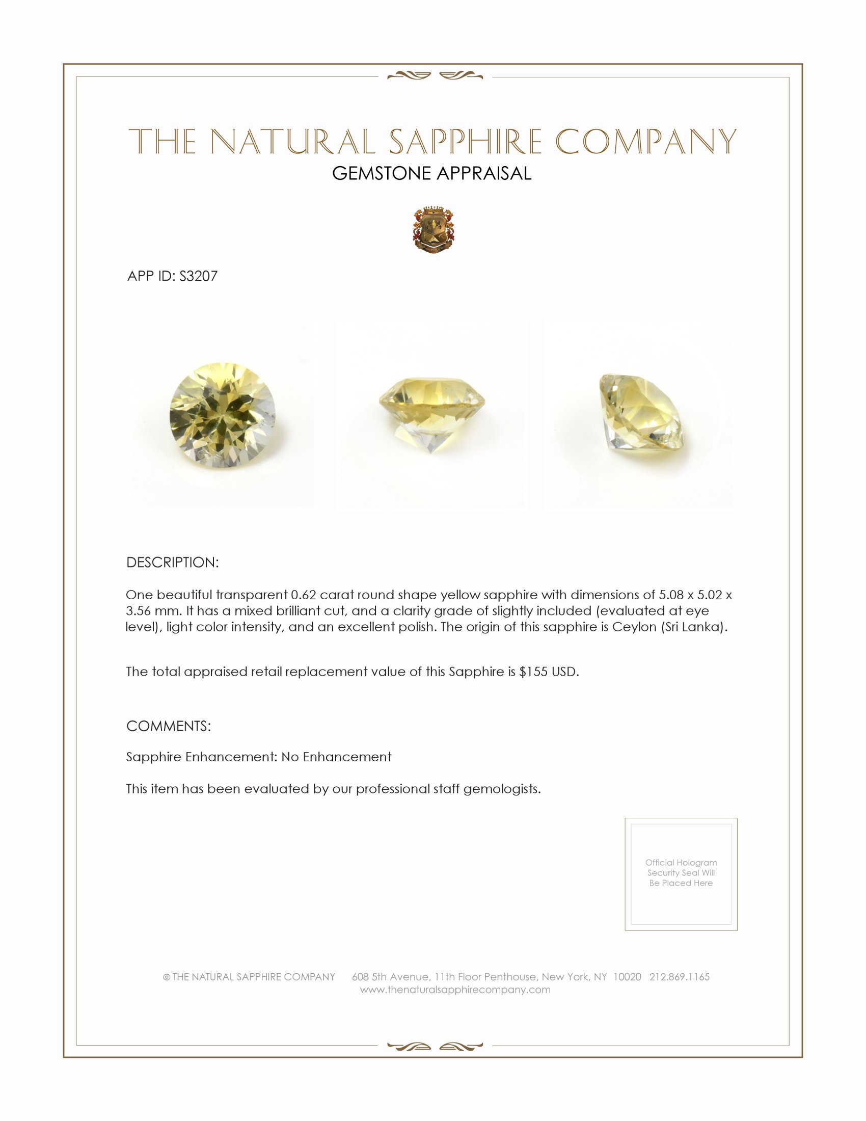 0.62 Ct. Yellow Sapphire from Ceylon (Sri Lanka)