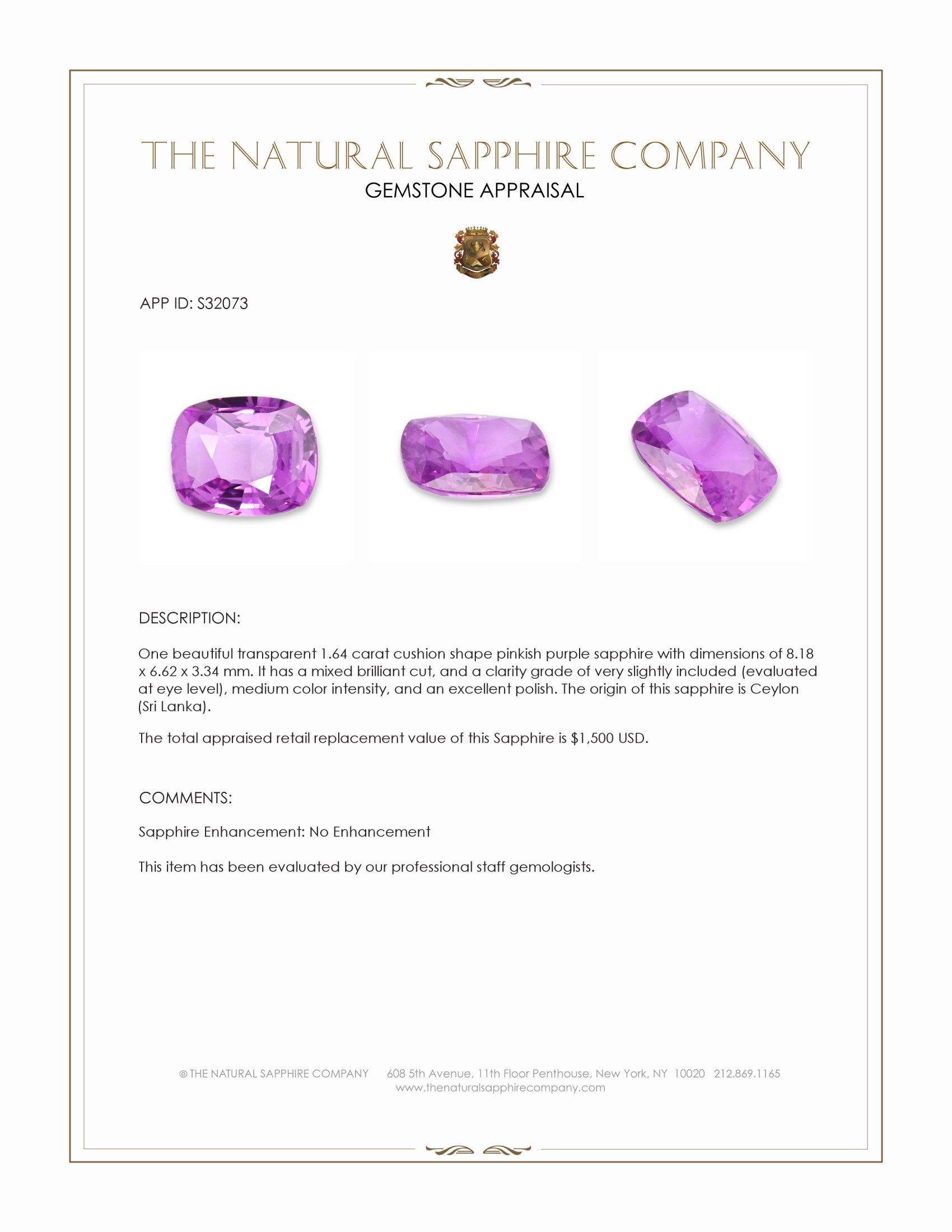 1.64 Ct. Pinkish Purple Sapphire from Ceylon (Sri Lanka)