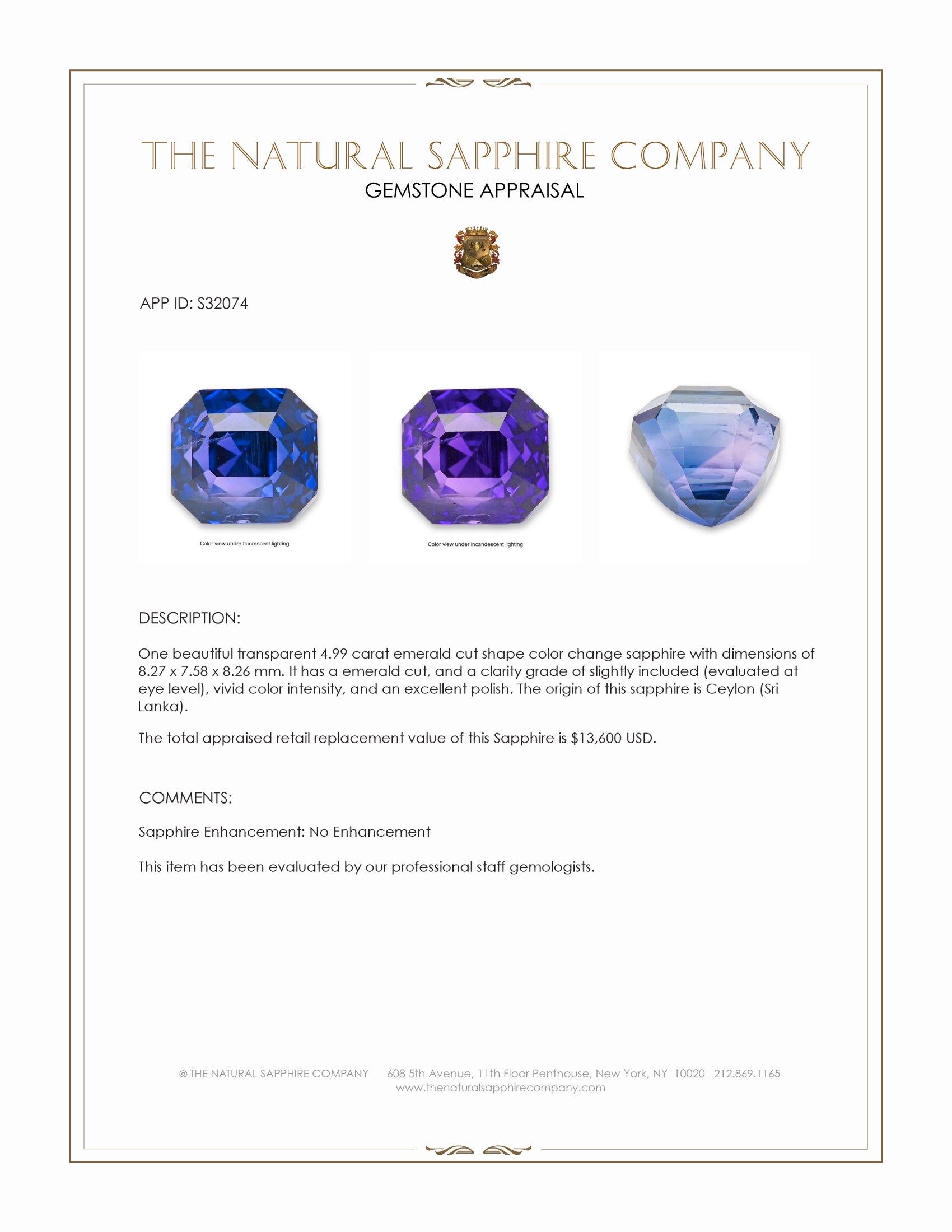 4.99 Ct. Color Change Sapphire from Ceylon (Sri Lanka)