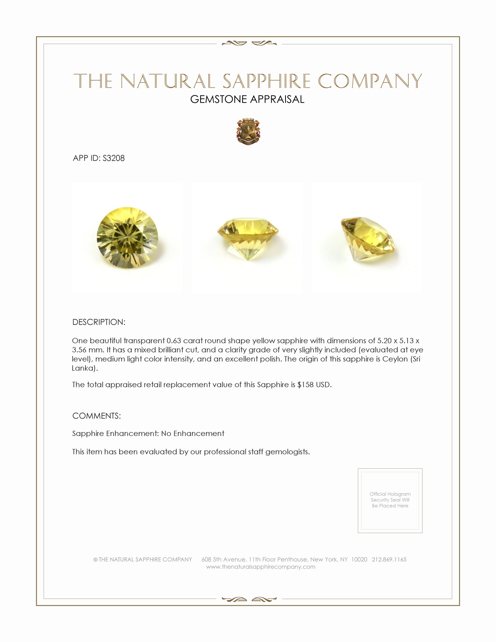 0.63 Ct. Yellow Sapphire from Ceylon (Sri Lanka)